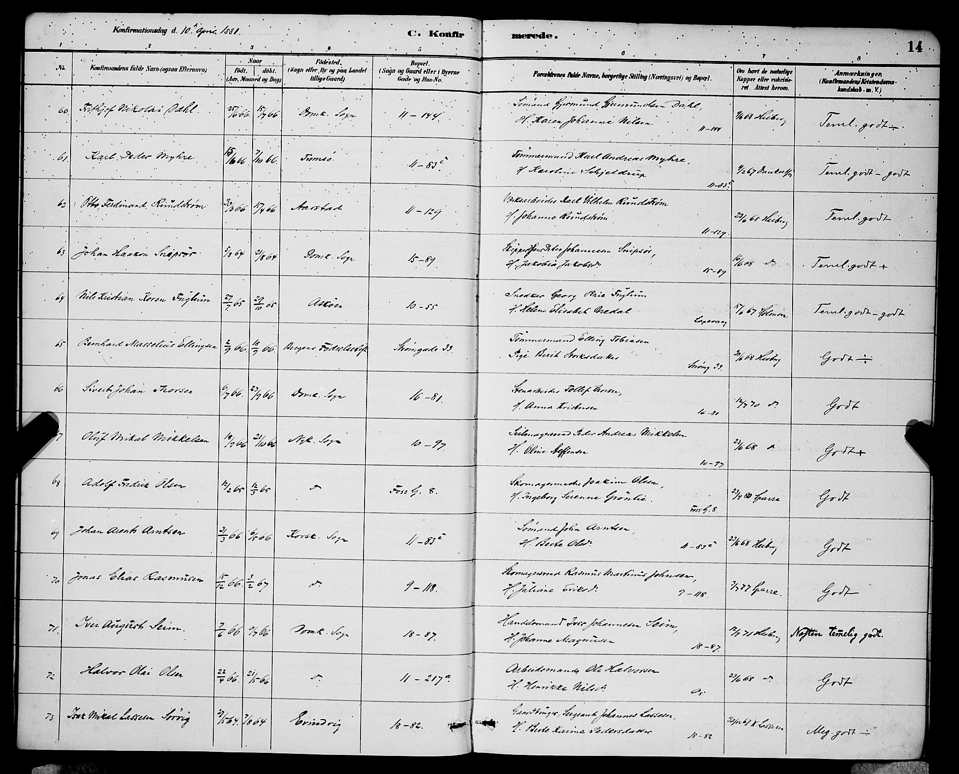 Domkirken sokneprestembete, AV/SAB-A-74801/H/Hab/L0024: Parish register (copy) no. C 4, 1880-1899, p. 14