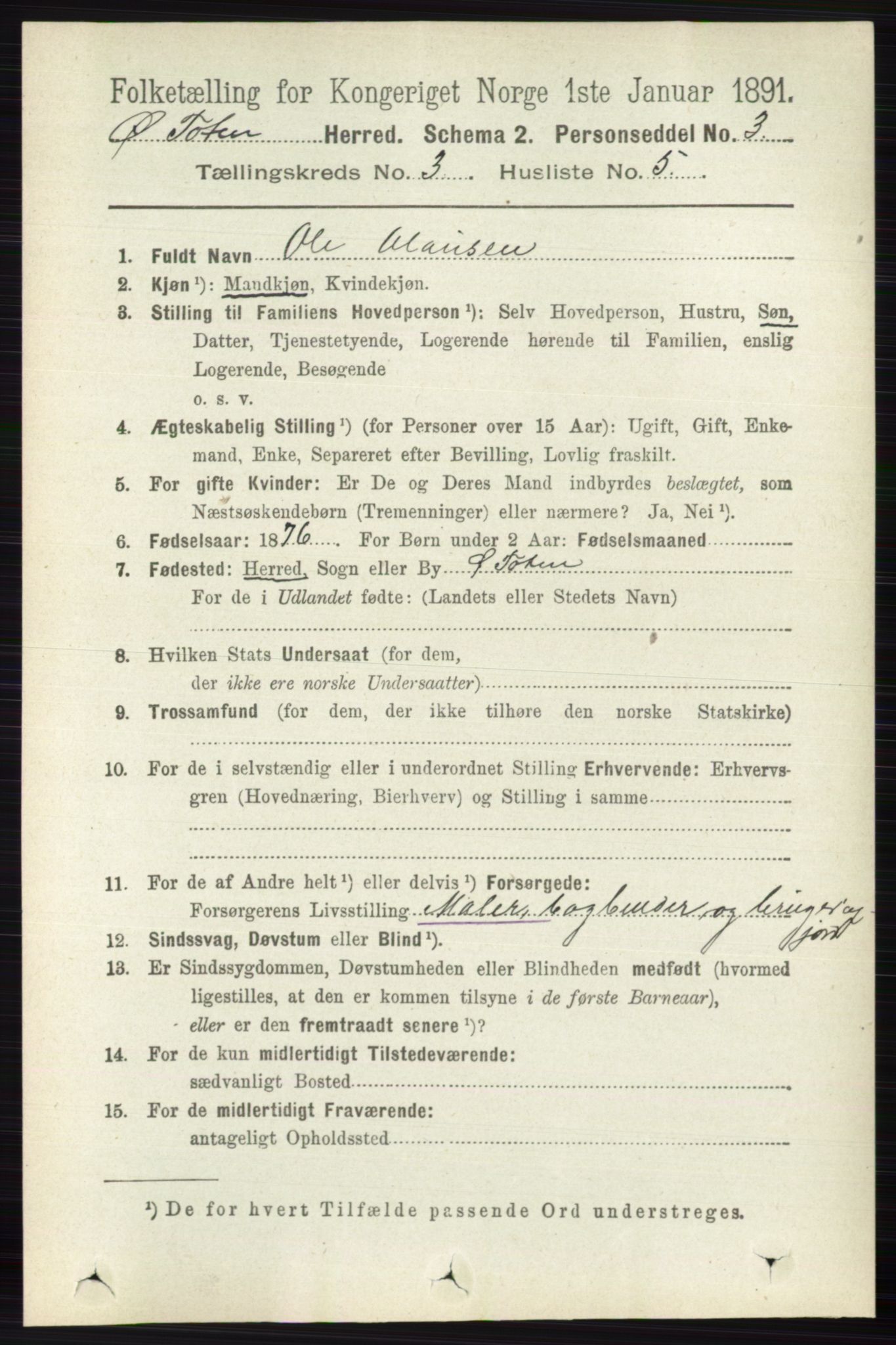 RA, 1891 census for 0528 Østre Toten, 1891, p. 1585