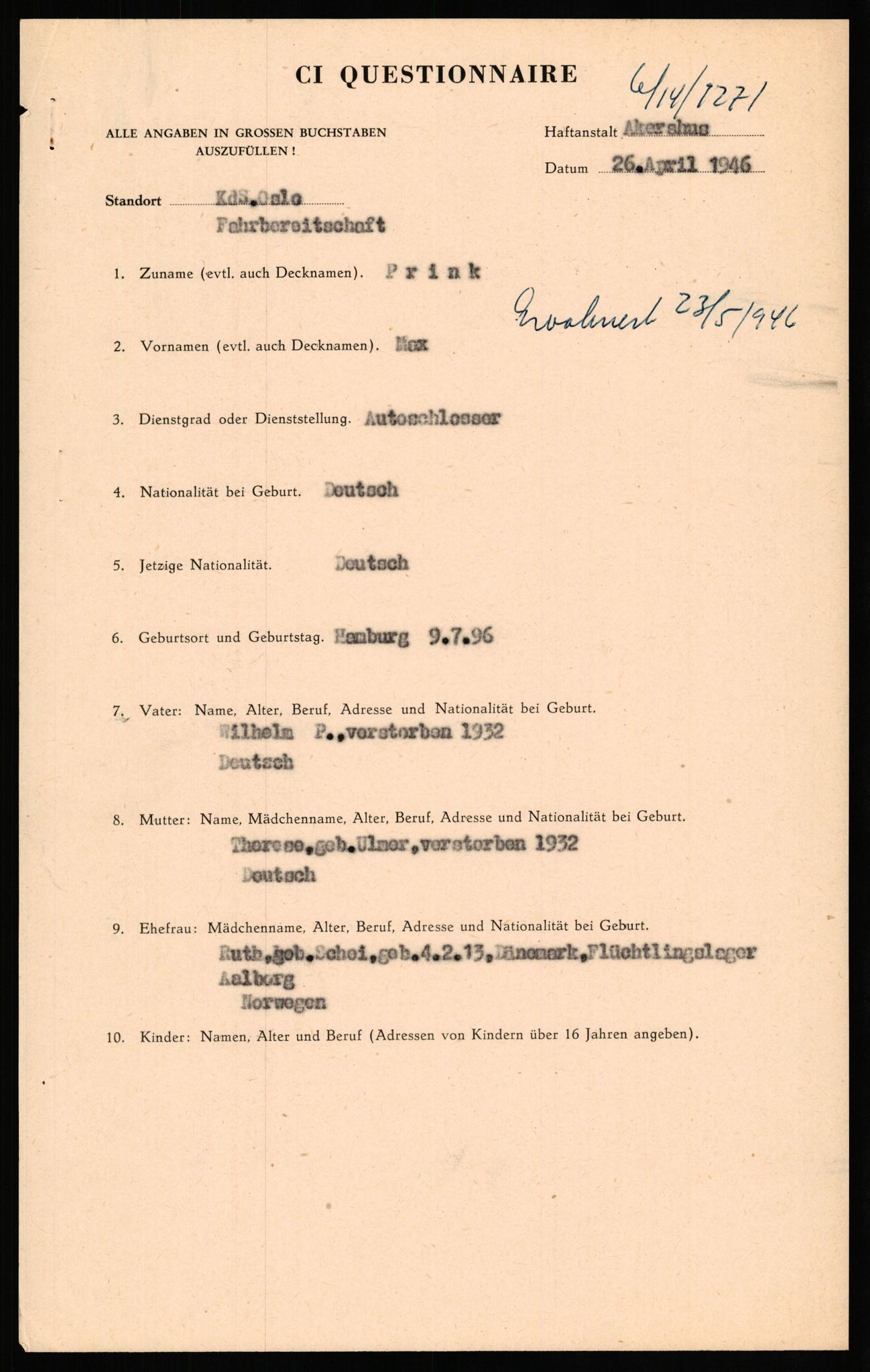 Forsvaret, Forsvarets overkommando II, AV/RA-RAFA-3915/D/Db/L0026: CI Questionaires. Tyske okkupasjonsstyrker i Norge. Tyskere., 1945-1946, p. 357