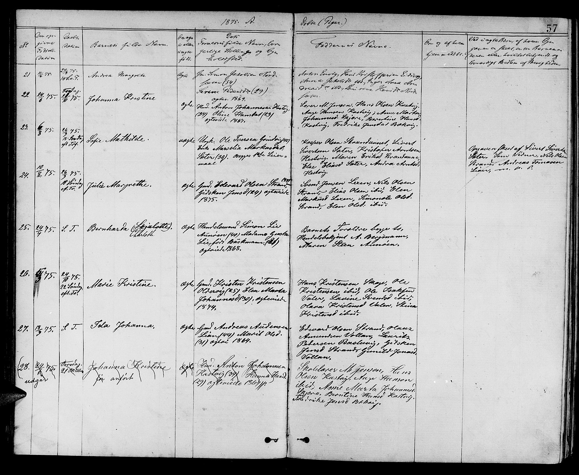 Ministerialprotokoller, klokkerbøker og fødselsregistre - Sør-Trøndelag, SAT/A-1456/637/L0561: Parish register (copy) no. 637C02, 1873-1882, p. 57