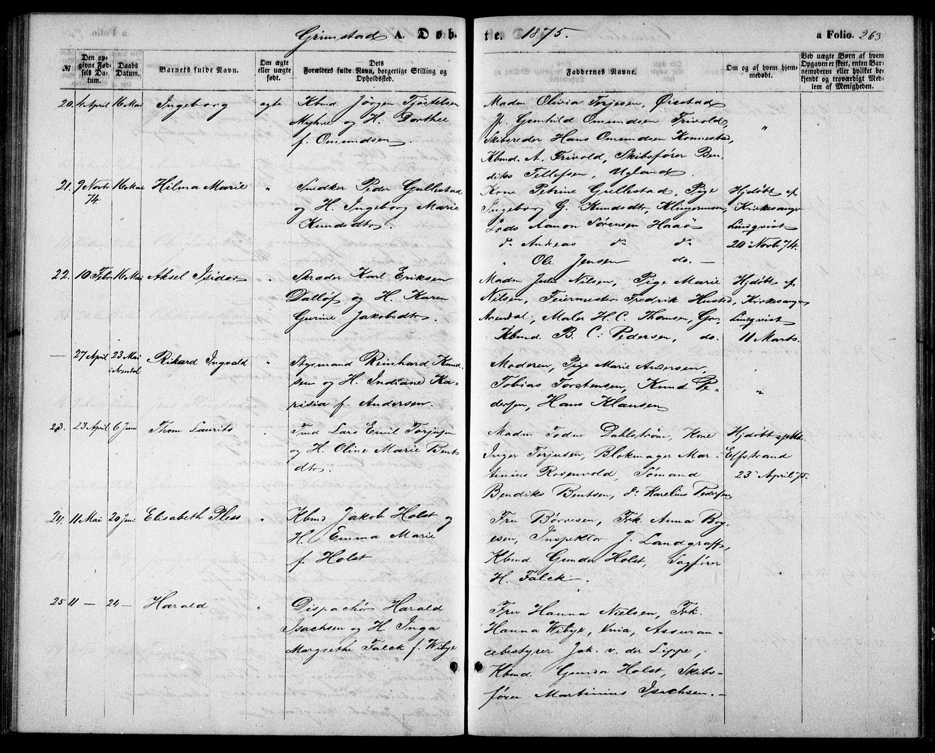 Fjære sokneprestkontor, SAK/1111-0011/F/Fb/L0009: Parish register (copy) no. B 9, 1867-1870, p. 263