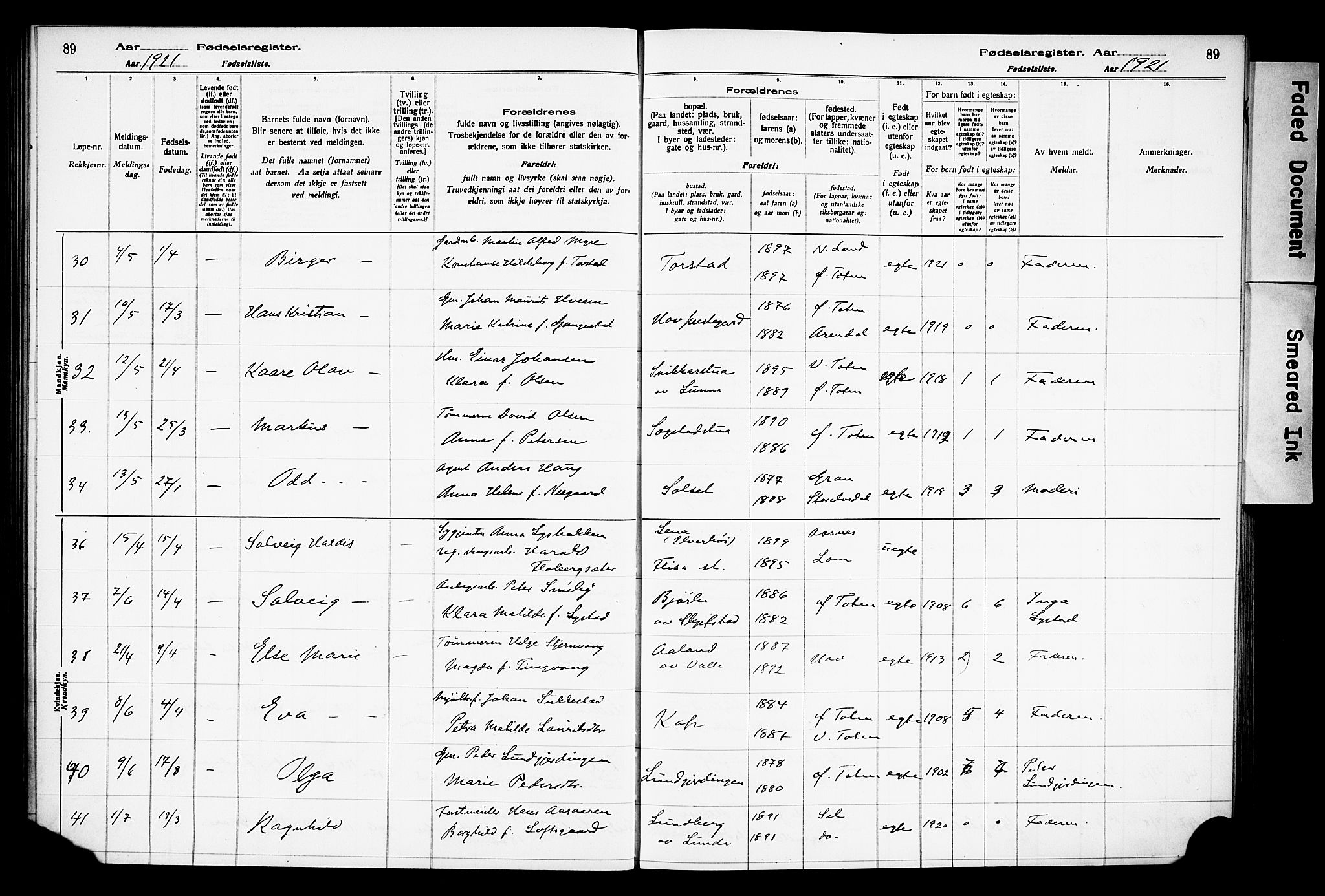 Østre Toten prestekontor, AV/SAH-PREST-104/I/Id/L0001/0001: Birth register no. 1.1, 1916-1928, p. 89