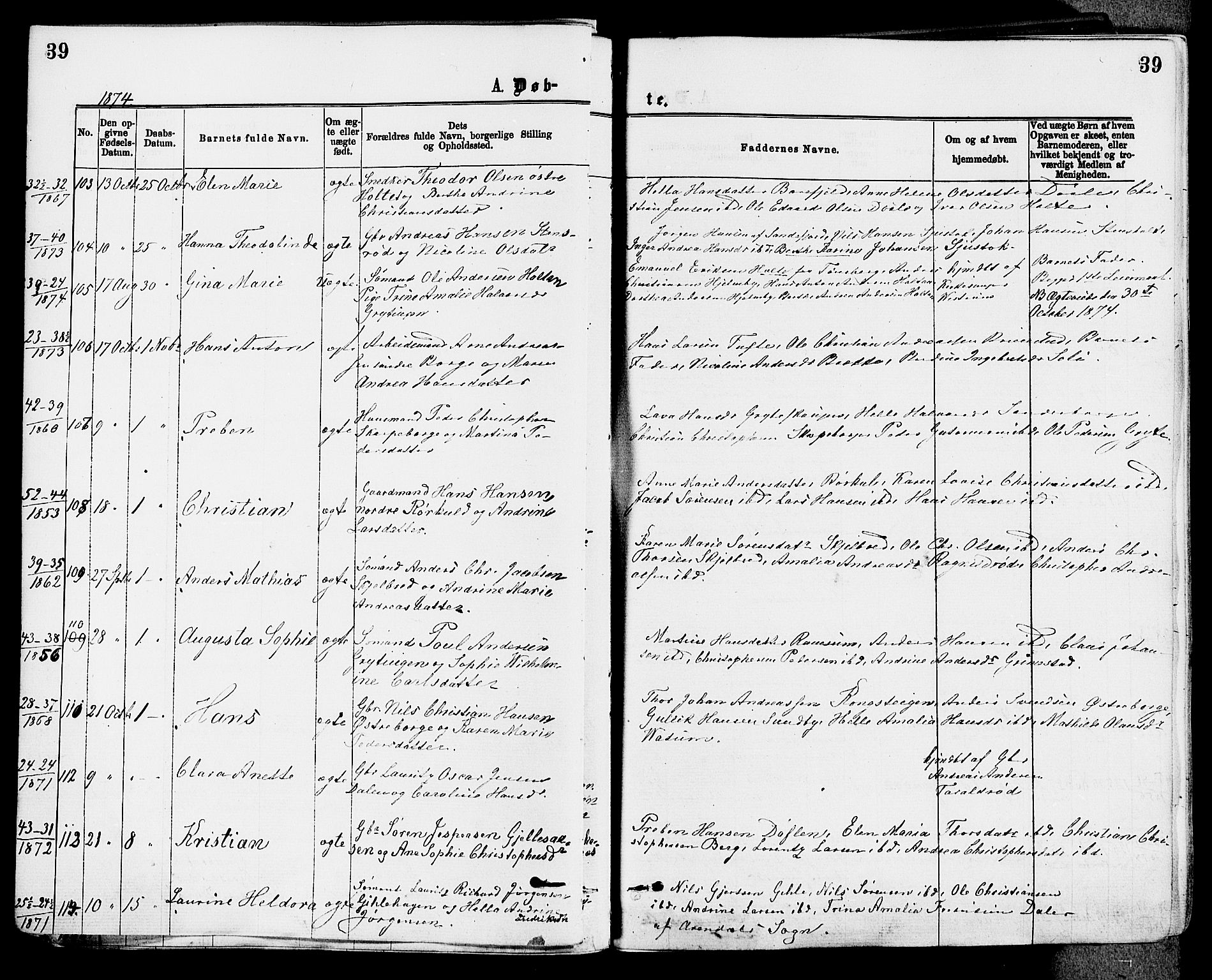 Stokke kirkebøker, AV/SAKO-A-320/F/Fa/L0009: Parish register (official) no. I 9, 1872-1883, p. 39