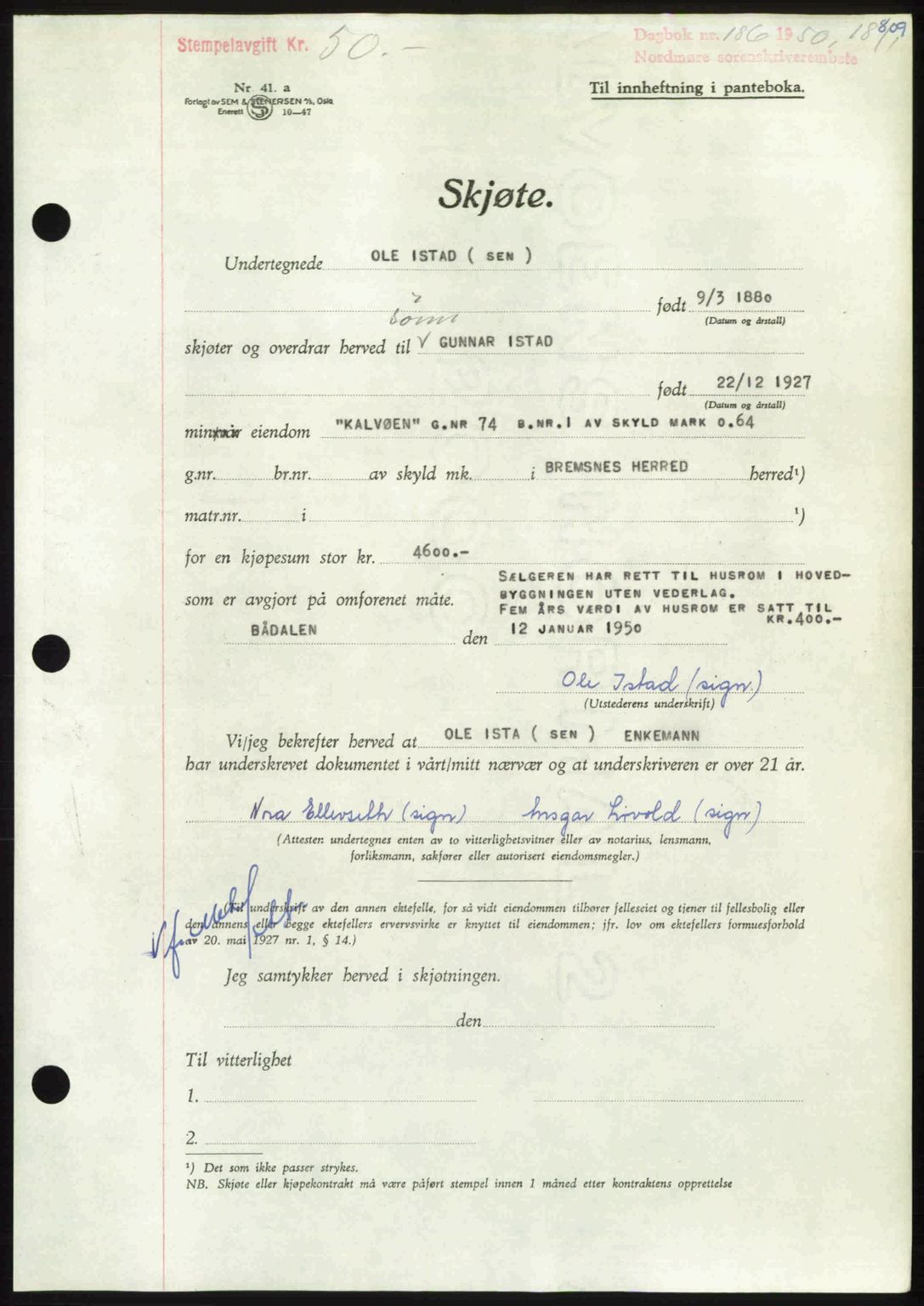 Nordmøre sorenskriveri, AV/SAT-A-4132/1/2/2Ca: Mortgage book no. A113, 1949-1950, Diary no: : 186/1950