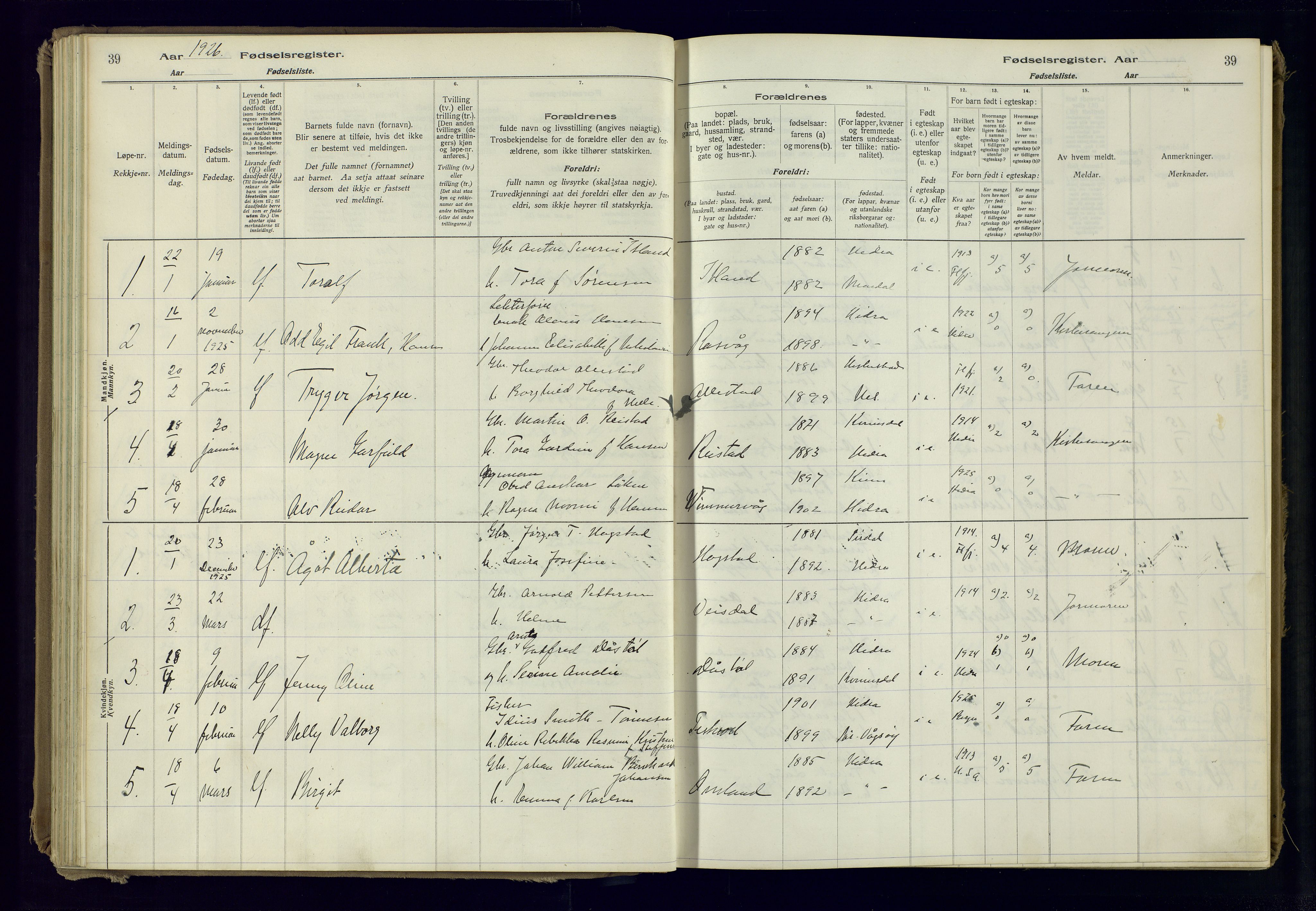 Flekkefjord sokneprestkontor, AV/SAK-1111-0012/J/Ja/L0007: Birth register no. 7, 1916-1982, p. 39