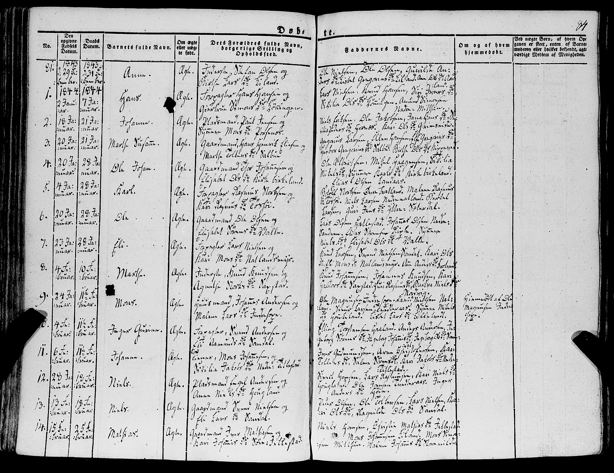 Fana Sokneprestembete, SAB/A-75101/H/Haa/Haaa/L0008: Parish register (official) no. A 8, 1829-1851, p. 84