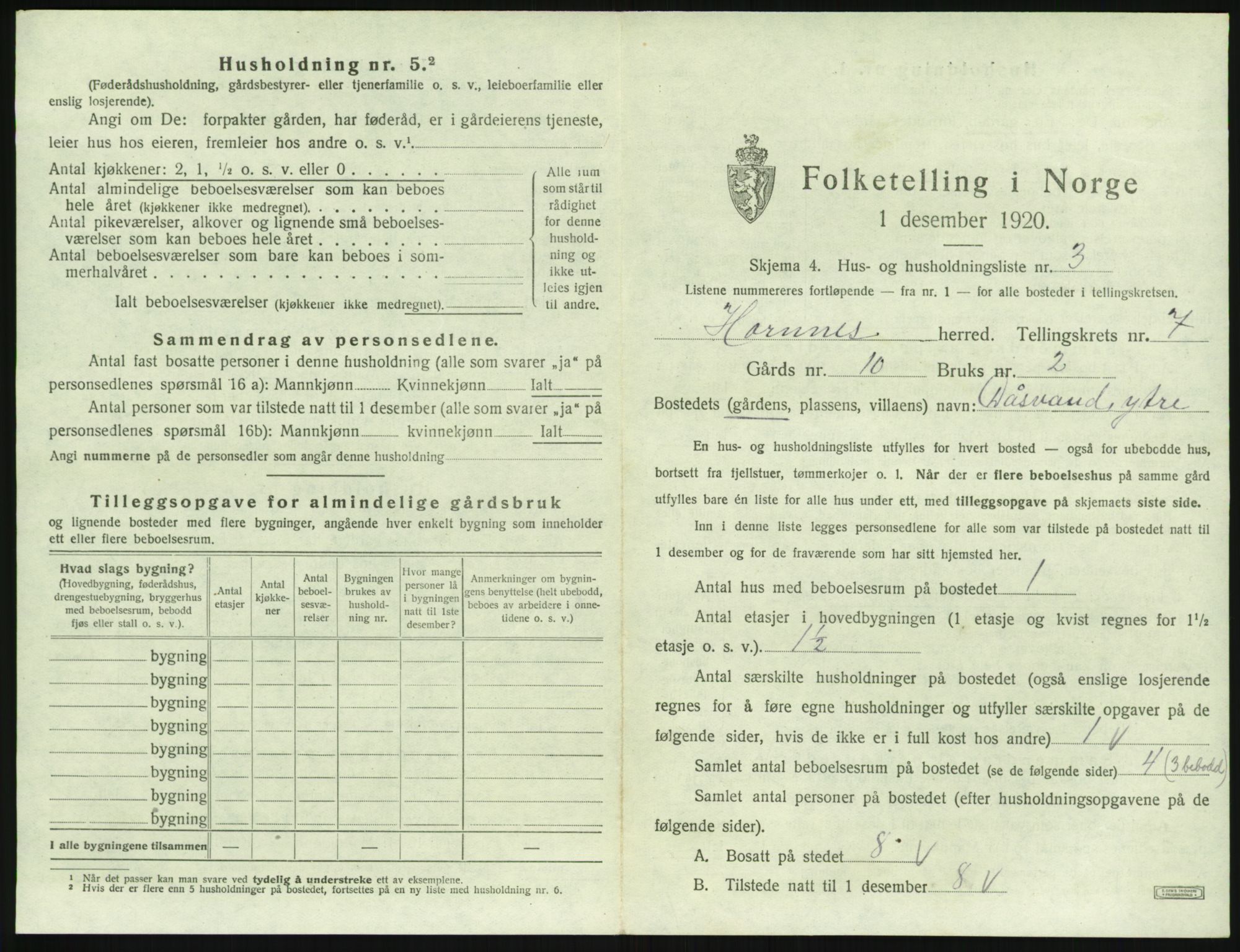 SAK, 1920 census for Hornnes, 1920, p. 267