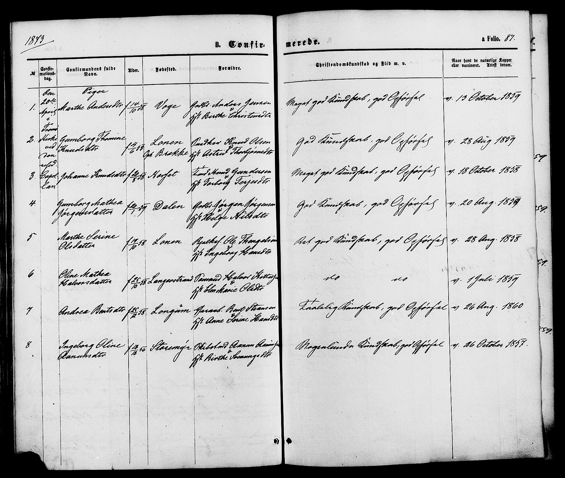 Austre Moland sokneprestkontor, SAK/1111-0001/F/Fa/Faa/L0009: Parish register (official) no. A 9, 1869-1879, p. 87