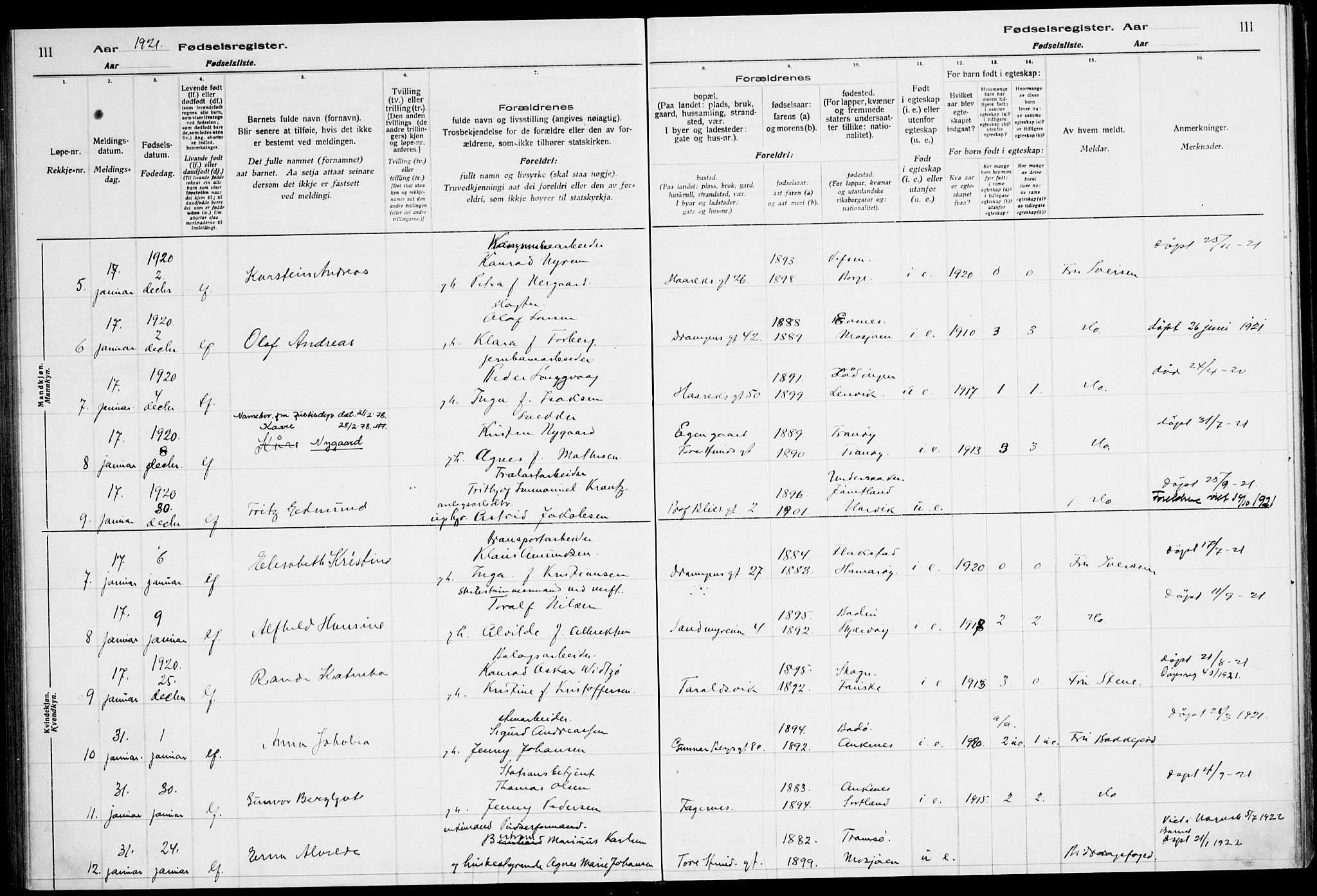 Ministerialprotokoller, klokkerbøker og fødselsregistre - Nordland, SAT/A-1459/871/L1013: Birth register no. 871.II.4.1, 1916-1924, p. 111