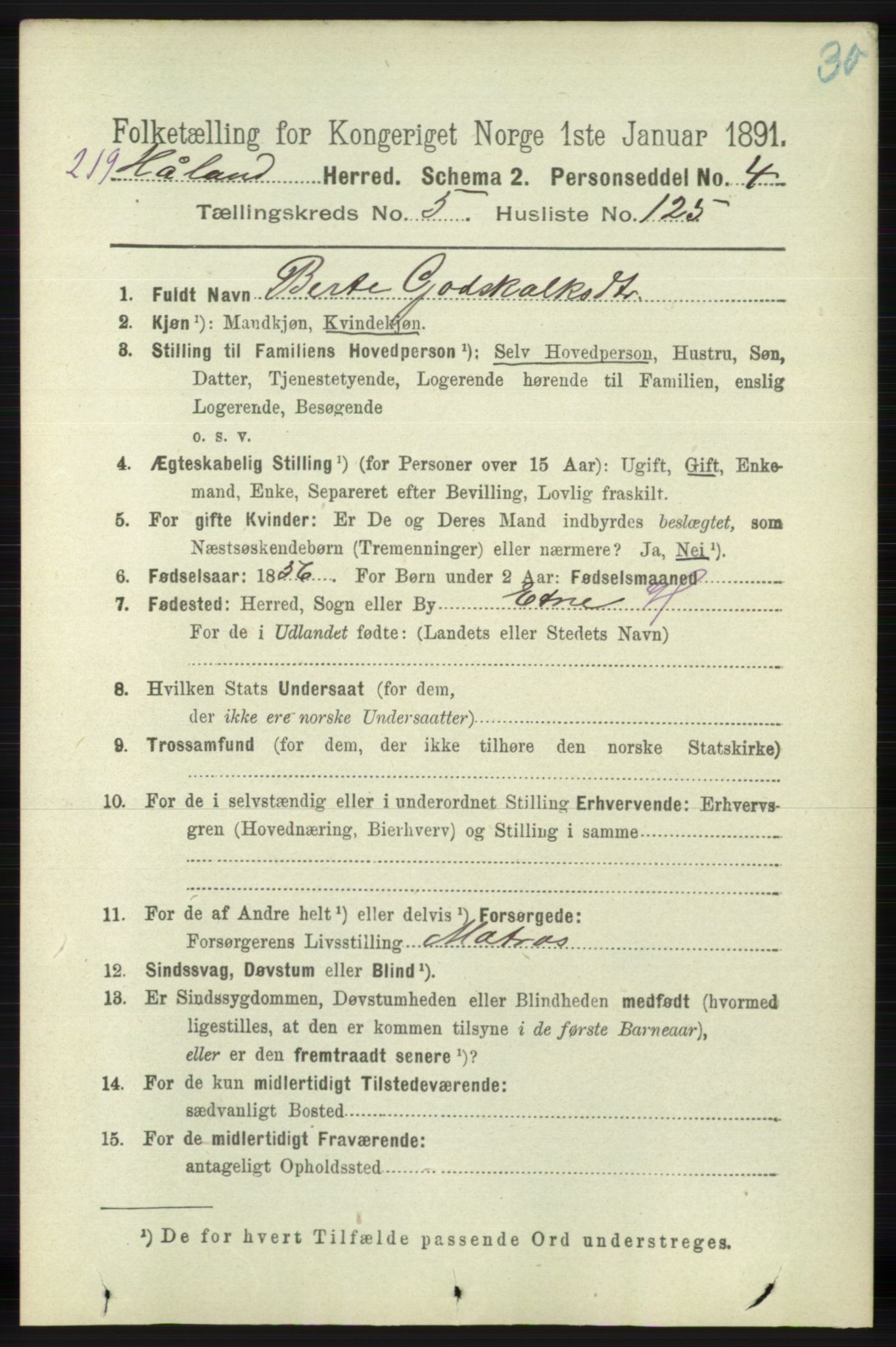 RA, 1891 census for 1124 Haaland, 1891, p. 4050