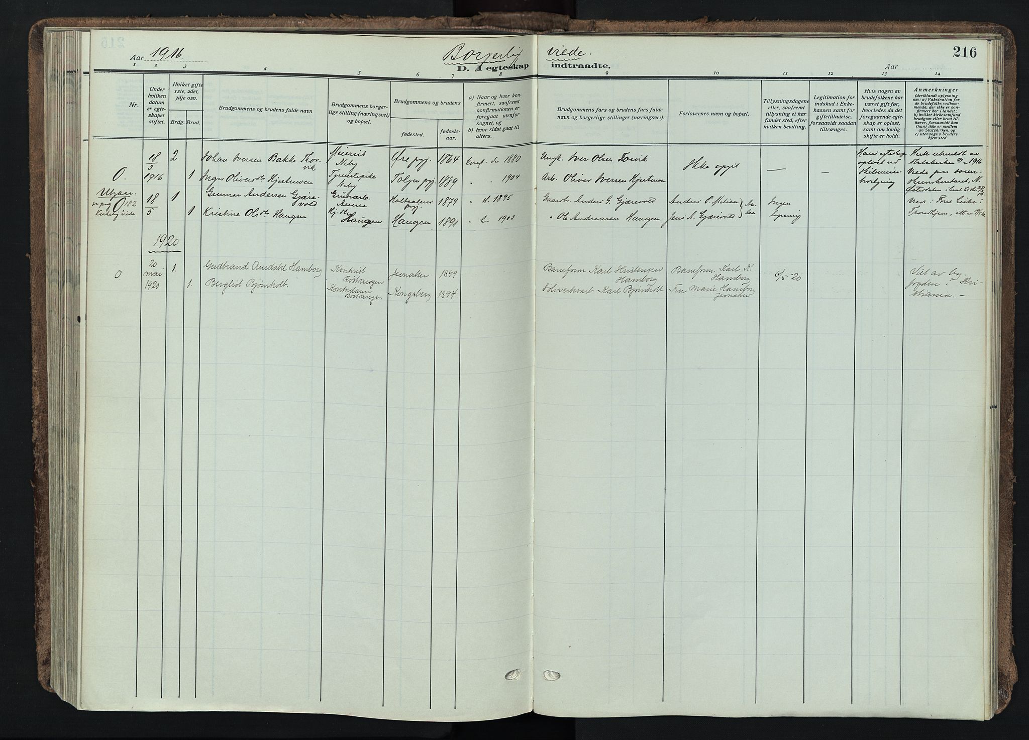 Tynset prestekontor, SAH/PREST-058/H/Ha/Haa/L0026: Parish register (official) no. 26, 1915-1929, p. 216