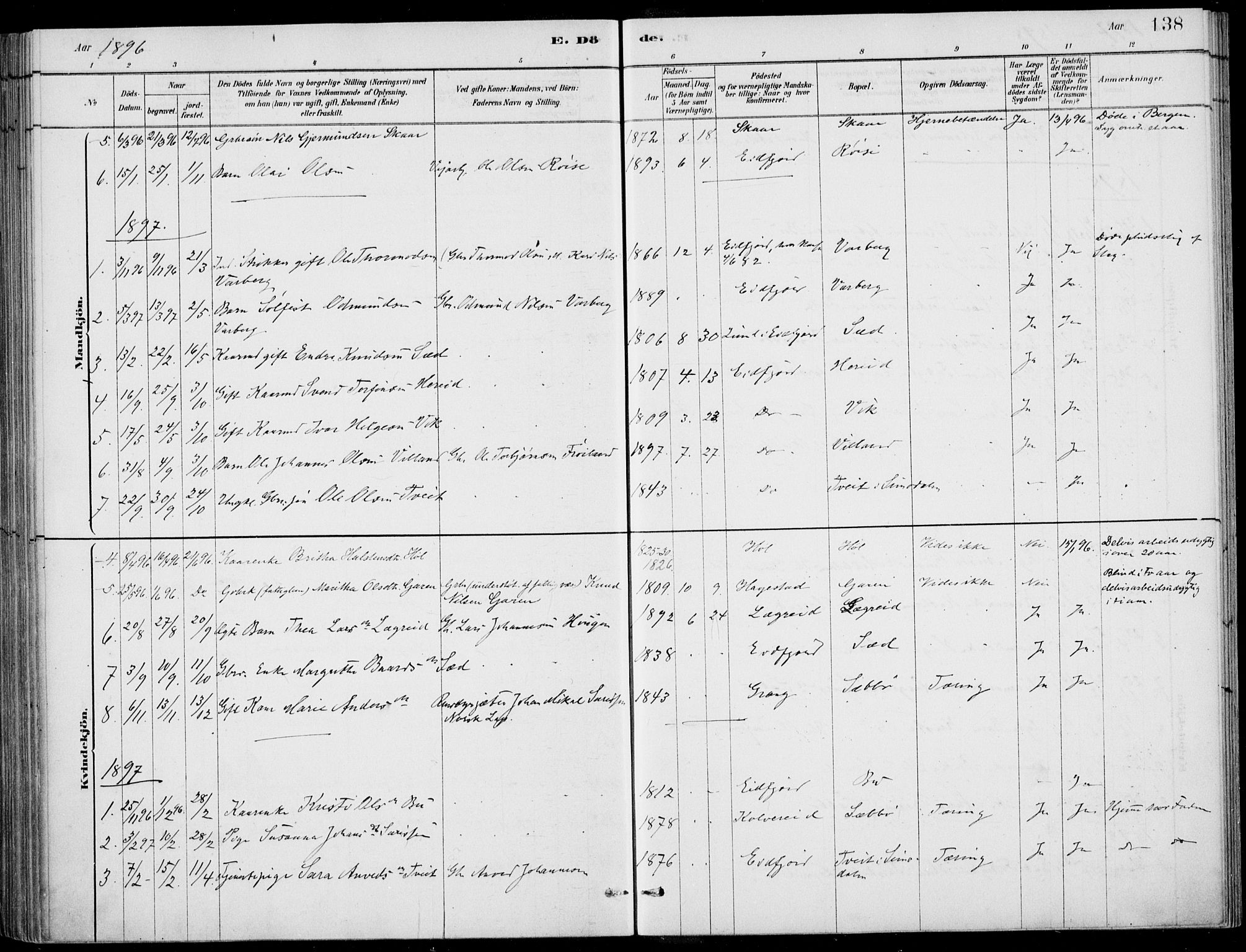 Ulvik sokneprestembete, SAB/A-78801/H/Haa: Parish register (official) no. D  1, 1878-1903, p. 138