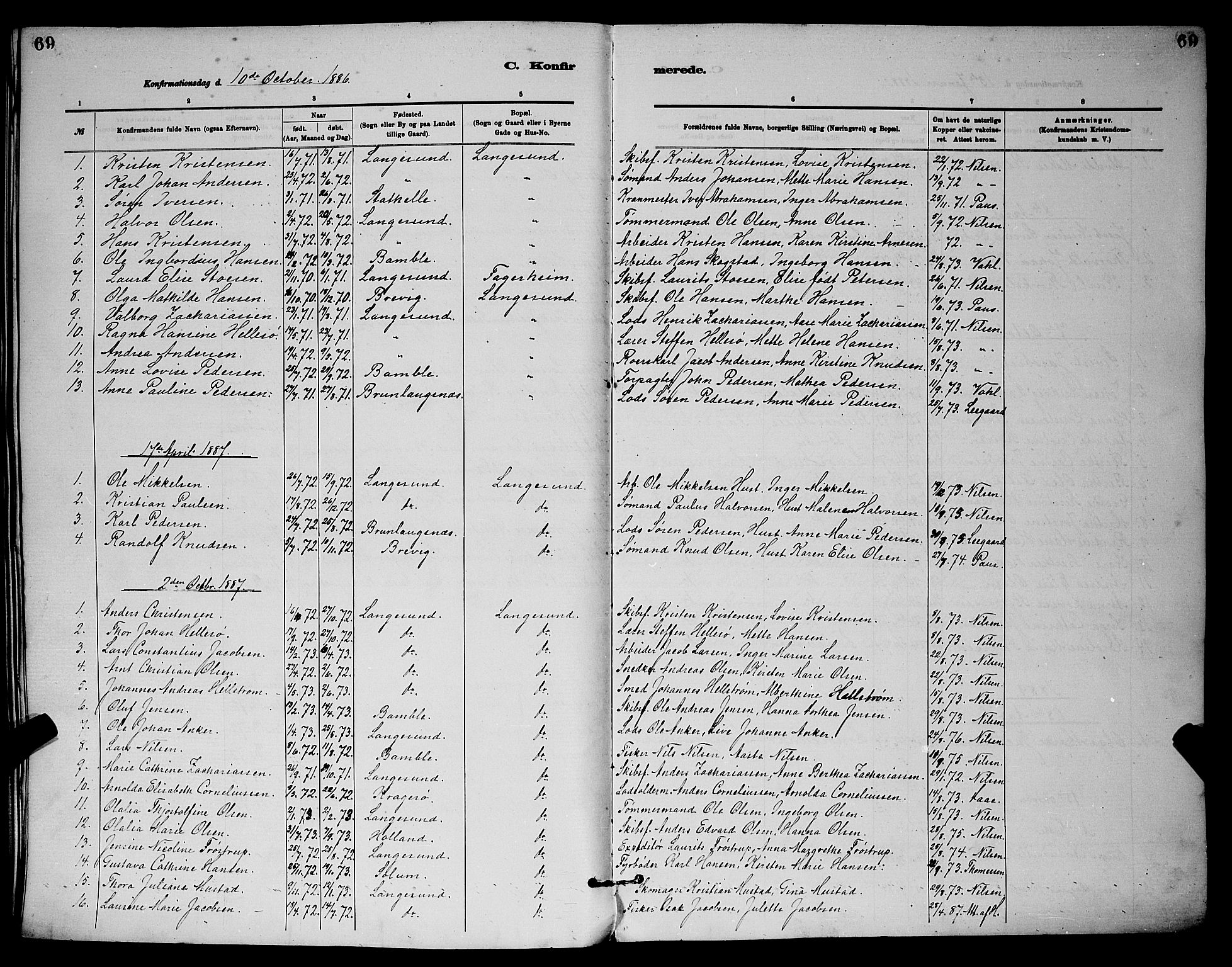 Langesund kirkebøker, SAKO/A-280/G/Ga/L0005: Parish register (copy) no. 5, 1884-1898, p. 69