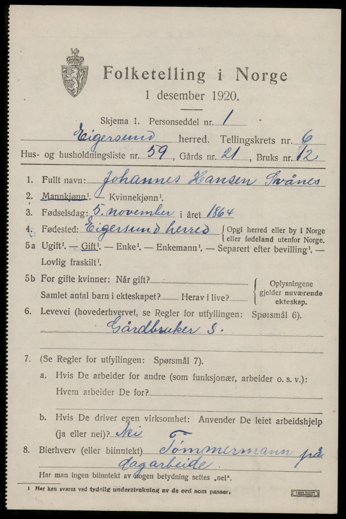 SAST, 1920 census for Eigersund, 1920, p. 4605