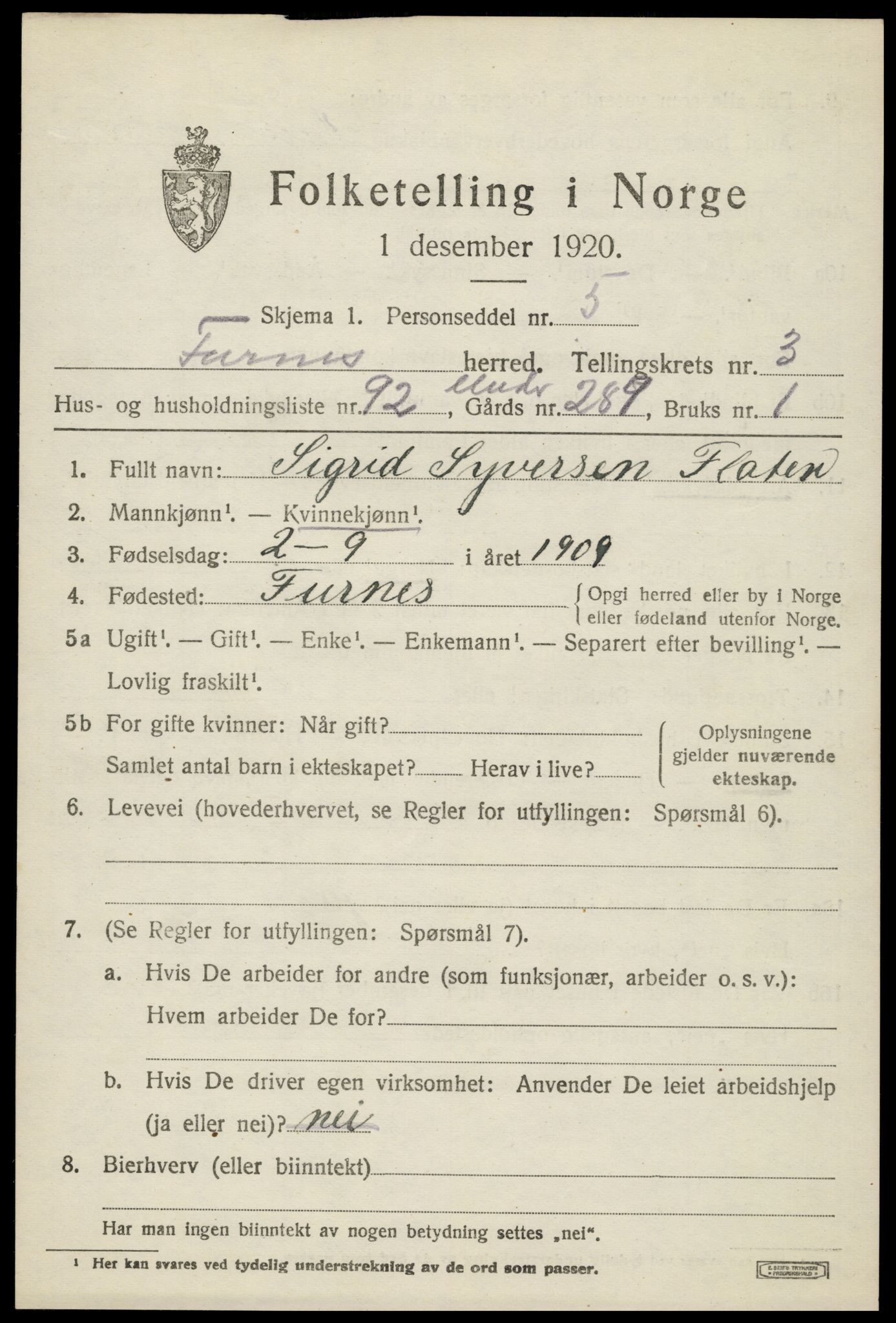 SAH, 1920 census for Furnes, 1920, p. 5711