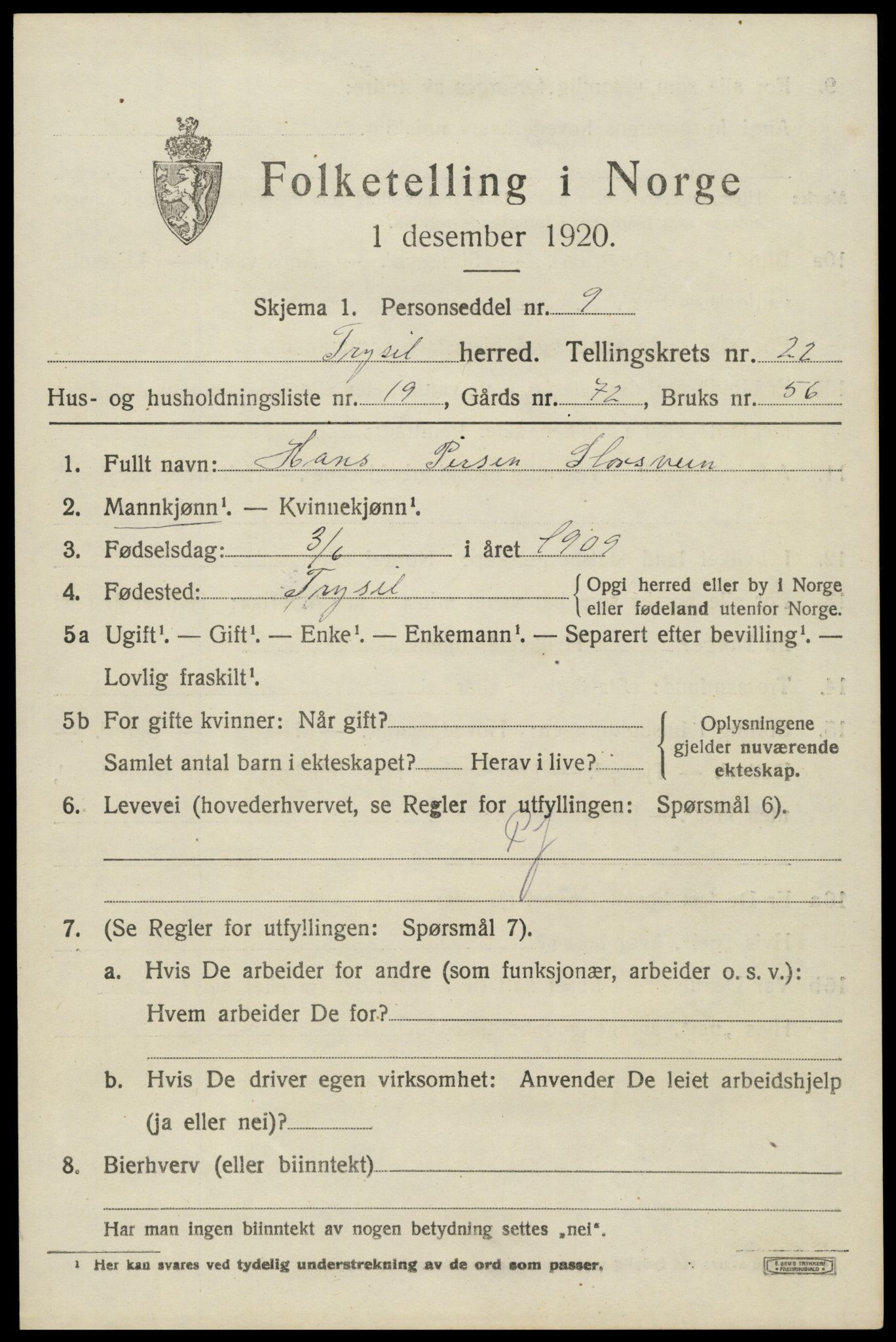 SAH, 1920 census for Trysil, 1920, p. 14843