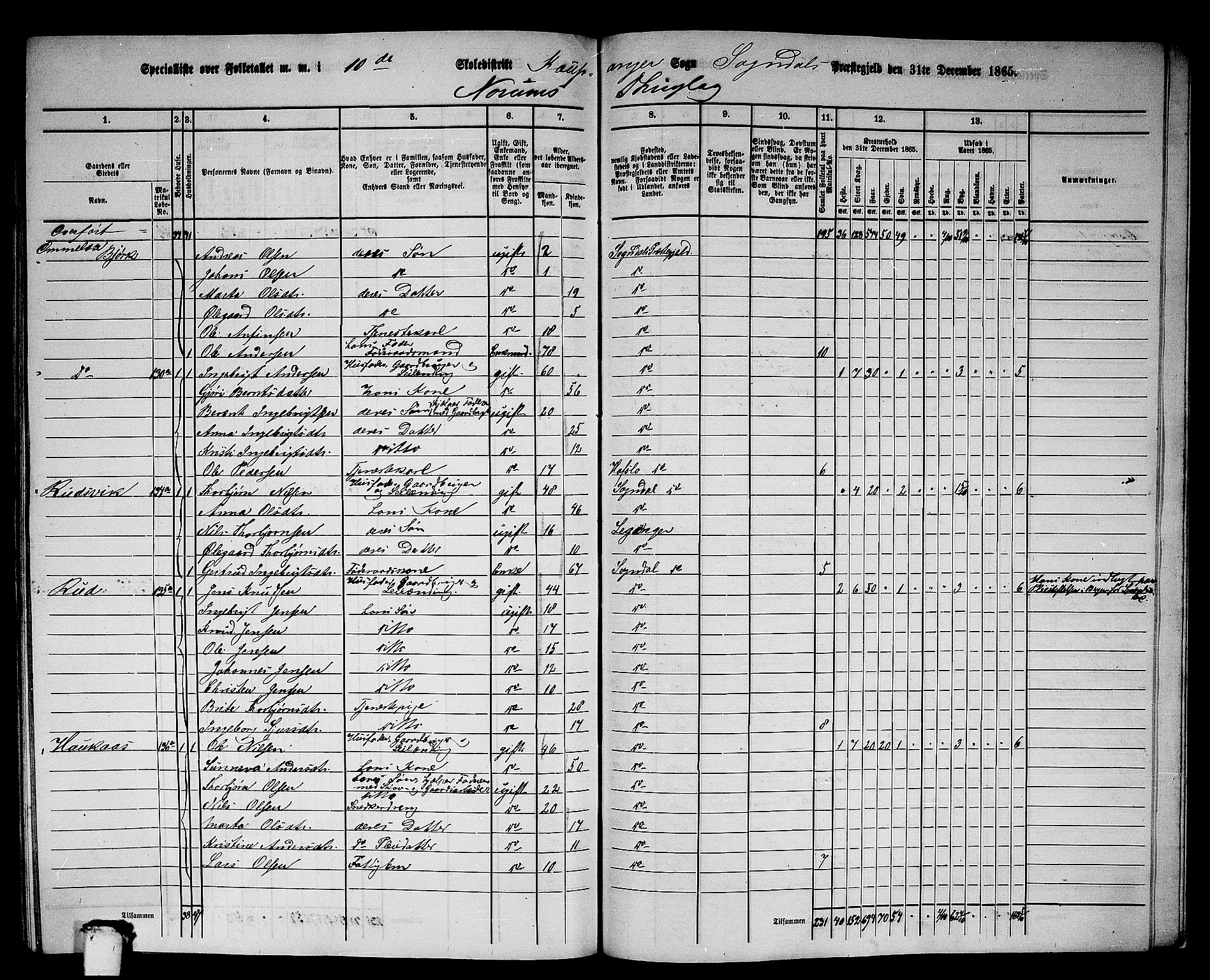 RA, 1865 census for Sogndal, 1865, p. 168