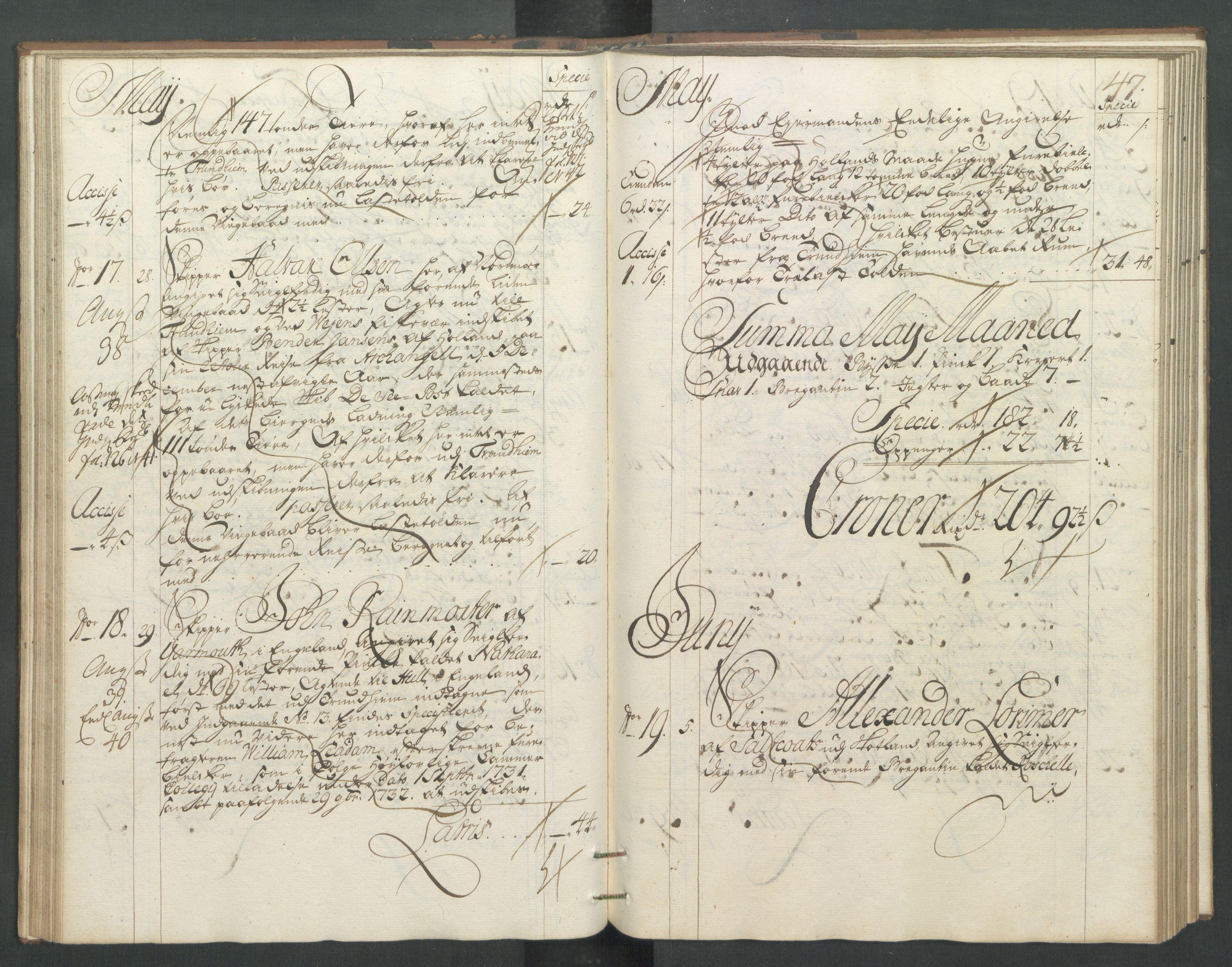 Generaltollkammeret, tollregnskaper, RA/EA-5490/R32/L0005/0001: Tollregnskaper Kristiansund / Hovedtollbok, 1733, p. 46b-47a