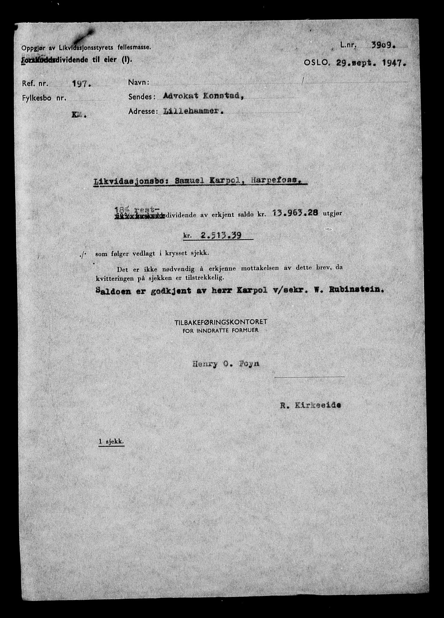 Justisdepartementet, Tilbakeføringskontoret for inndratte formuer, AV/RA-S-1564/H/Hc/Hcc/L0949: --, 1945-1947, p. 464