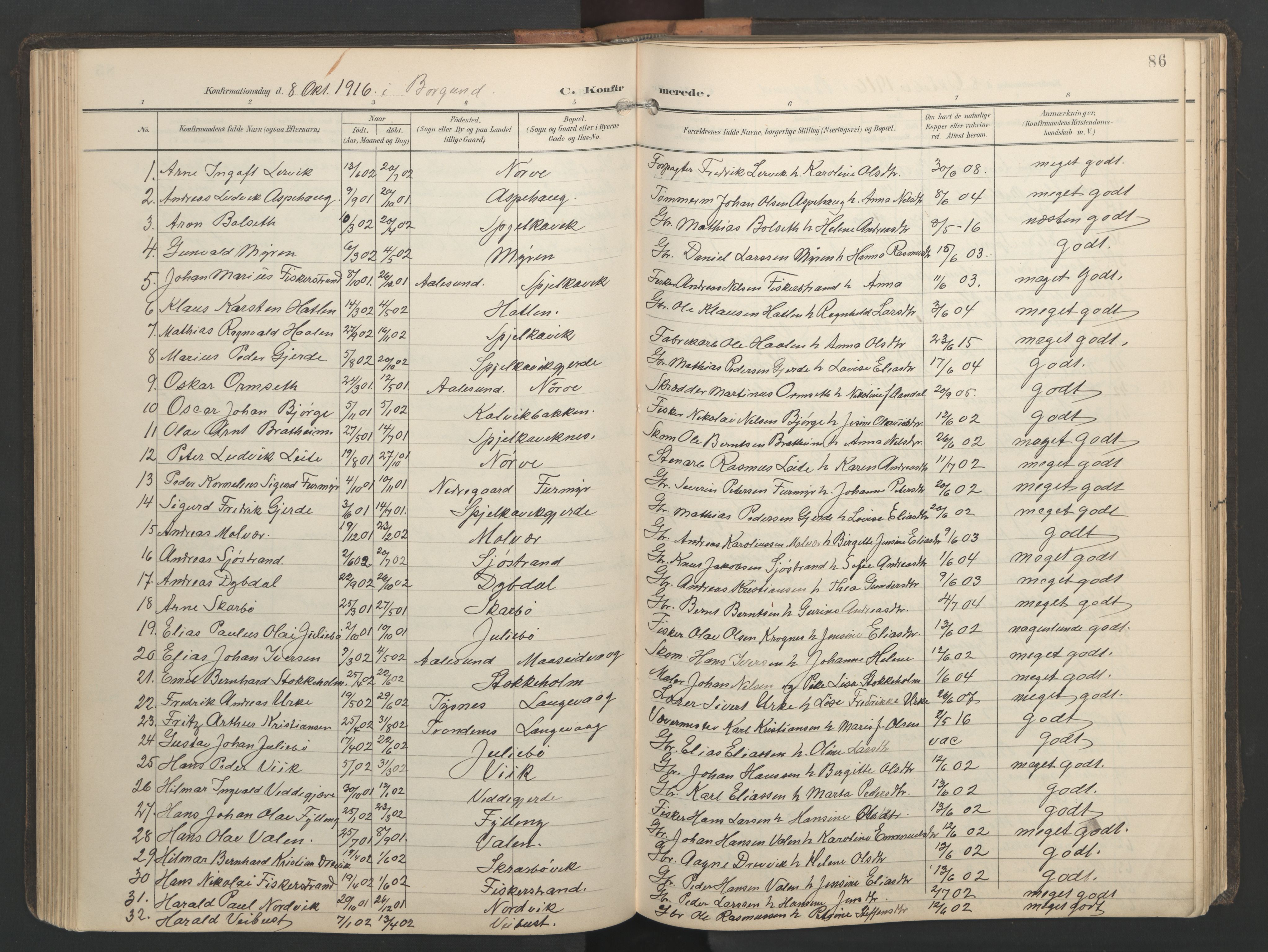 Ministerialprotokoller, klokkerbøker og fødselsregistre - Møre og Romsdal, AV/SAT-A-1454/528/L0433: Parish register (copy) no. 528C14, 1899-1922, p. 86