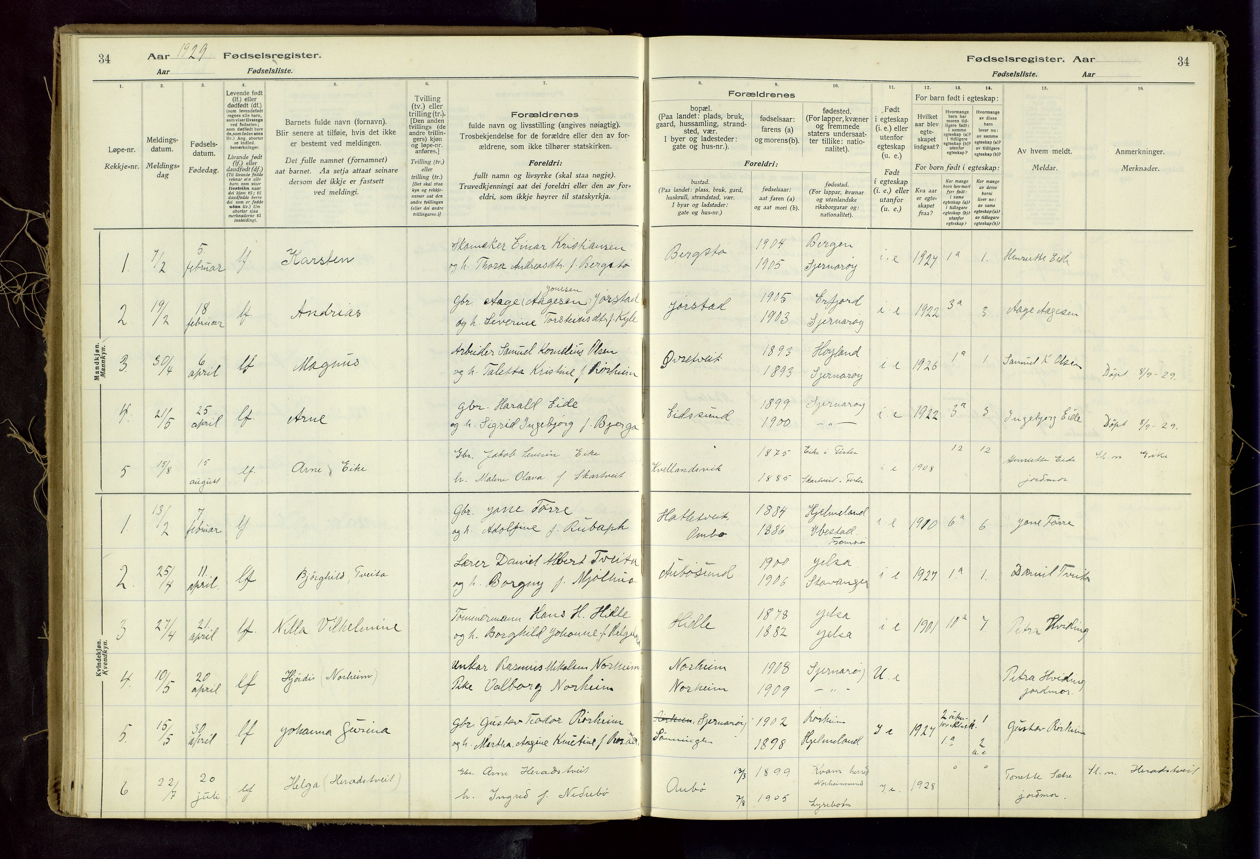 Nedstrand sokneprestkontor, SAST/A-101841/03/A/L0001: Birth register no. 1, 1916-1982, p. 34