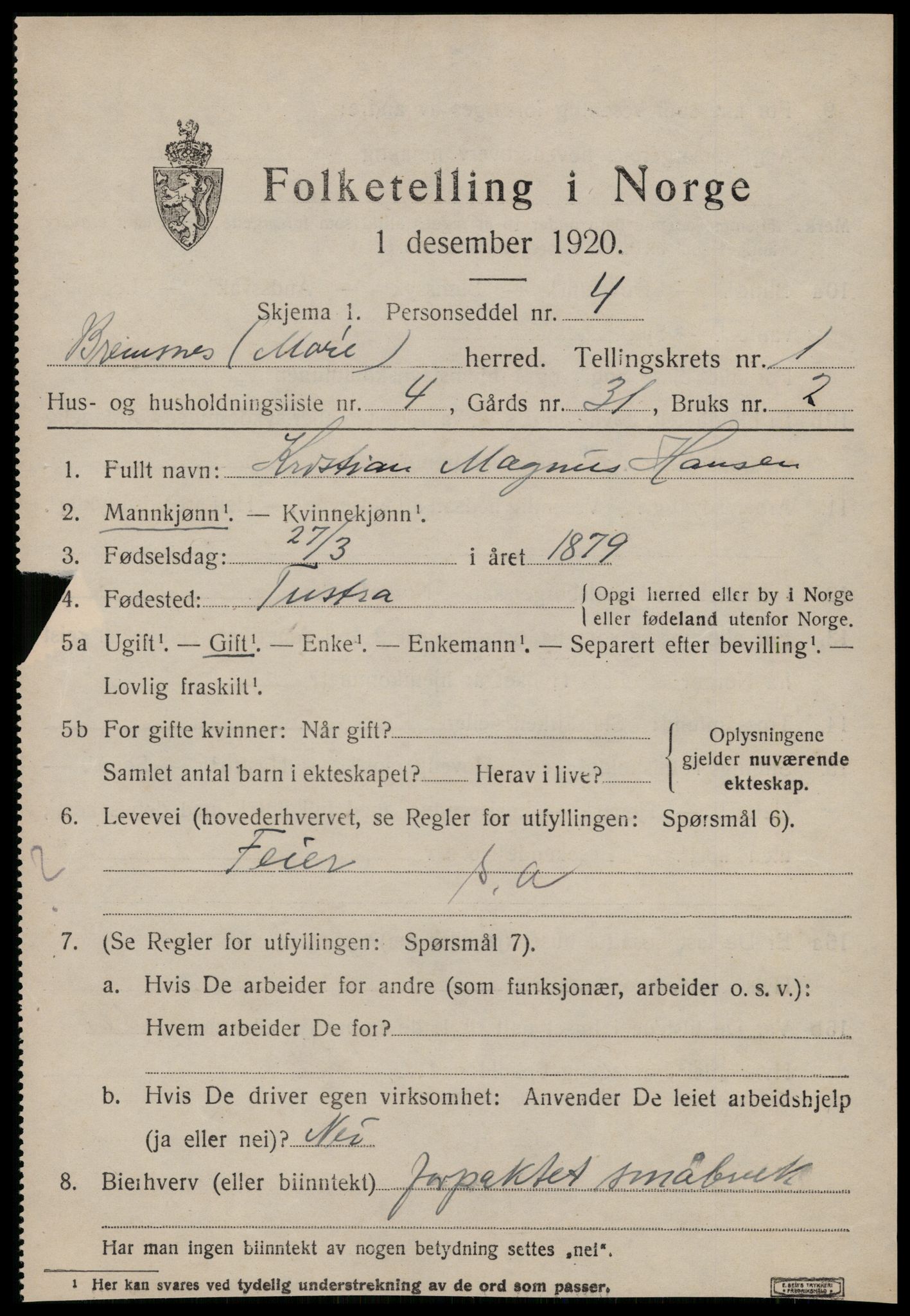 SAT, 1920 census for Bremsnes, 1920, p. 1515