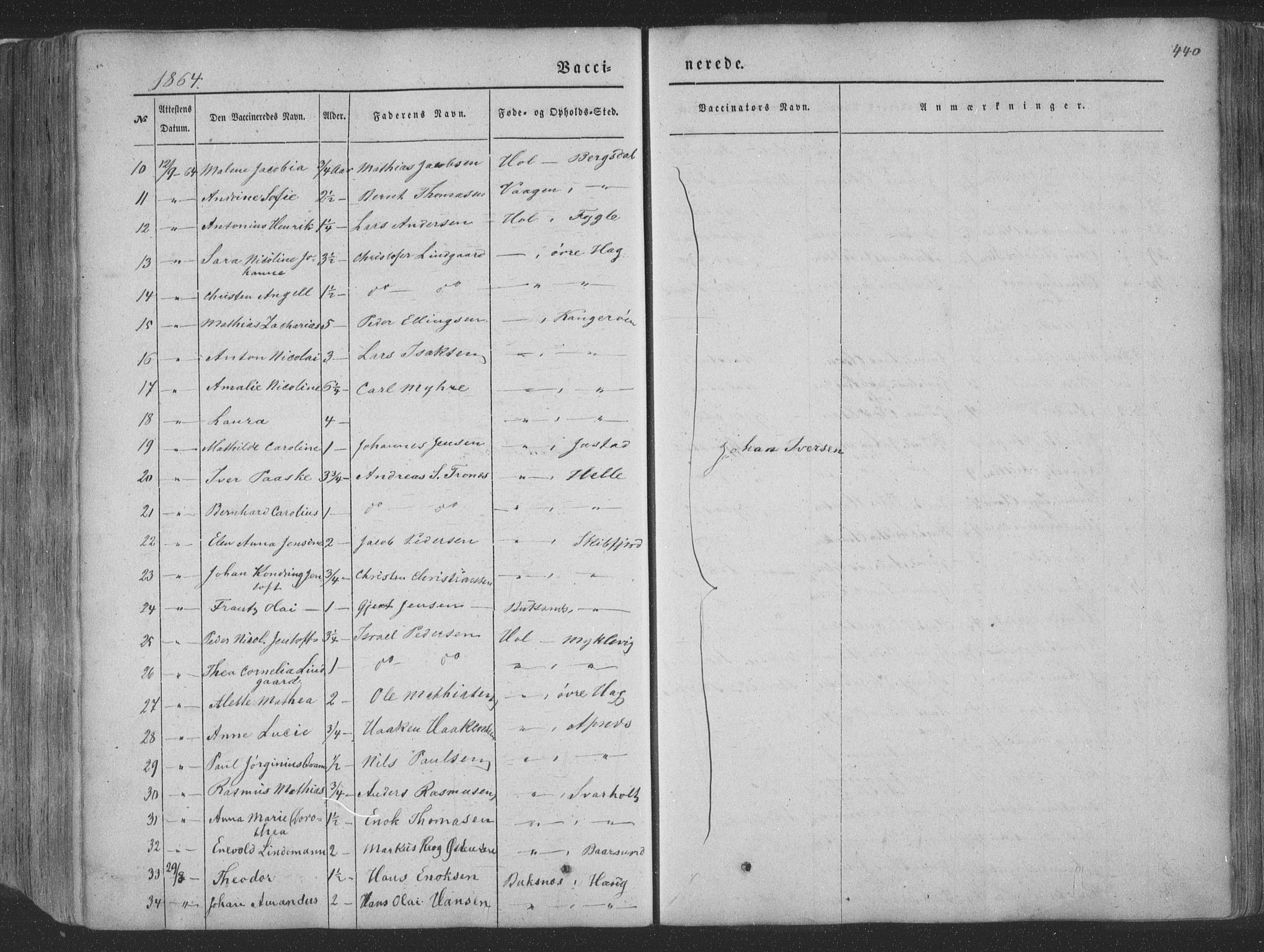 Ministerialprotokoller, klokkerbøker og fødselsregistre - Nordland, AV/SAT-A-1459/881/L1165: Parish register (copy) no. 881C02, 1854-1876, p. 440