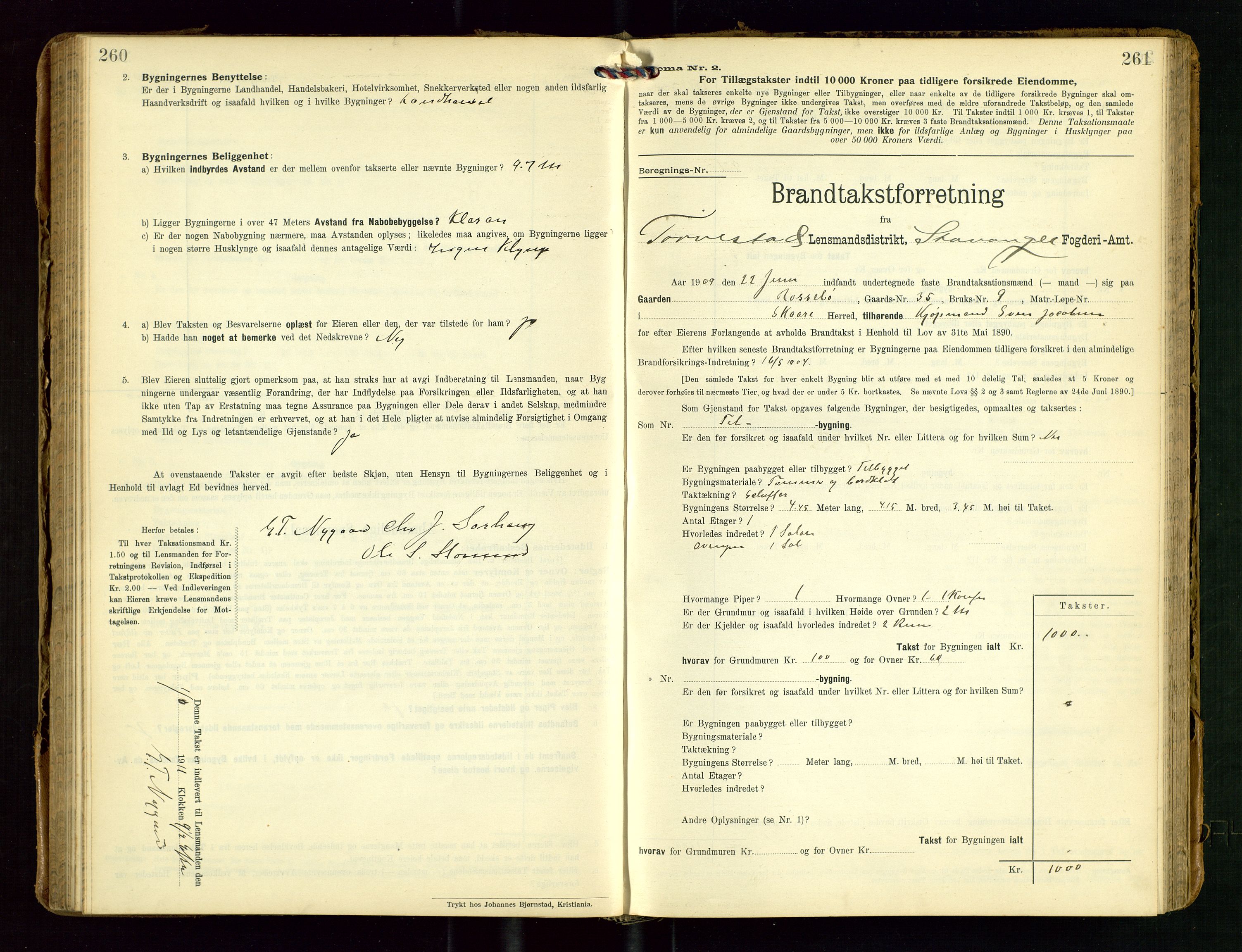 Torvestad lensmannskontor, SAST/A-100307/1/Gob/L0004: "Brandtaxationsprotokol for Torvestad Lensmannsdistrikt", 1909-1923, p. 260-261