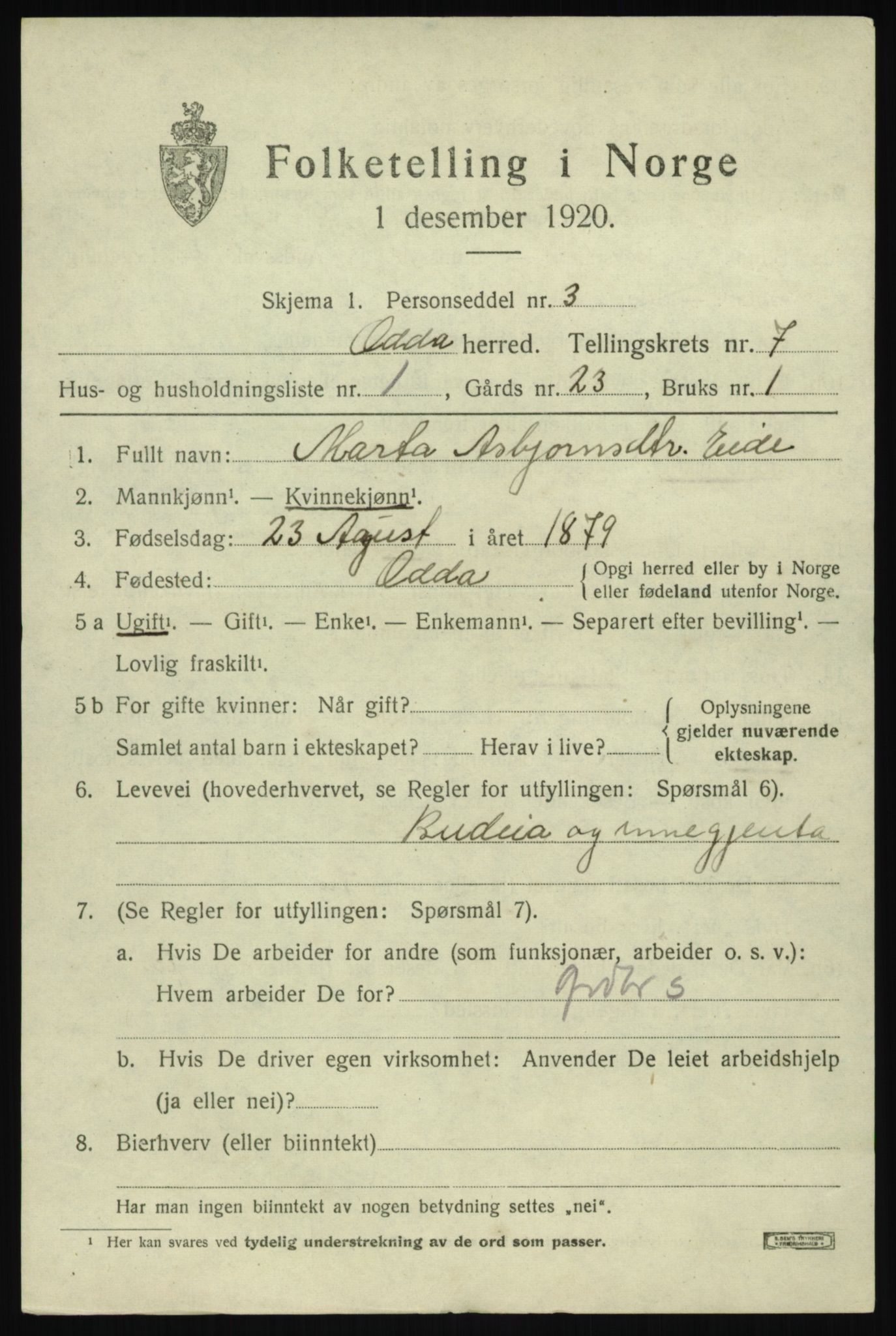 SAB, 1920 census for Odda, 1920, p. 4879