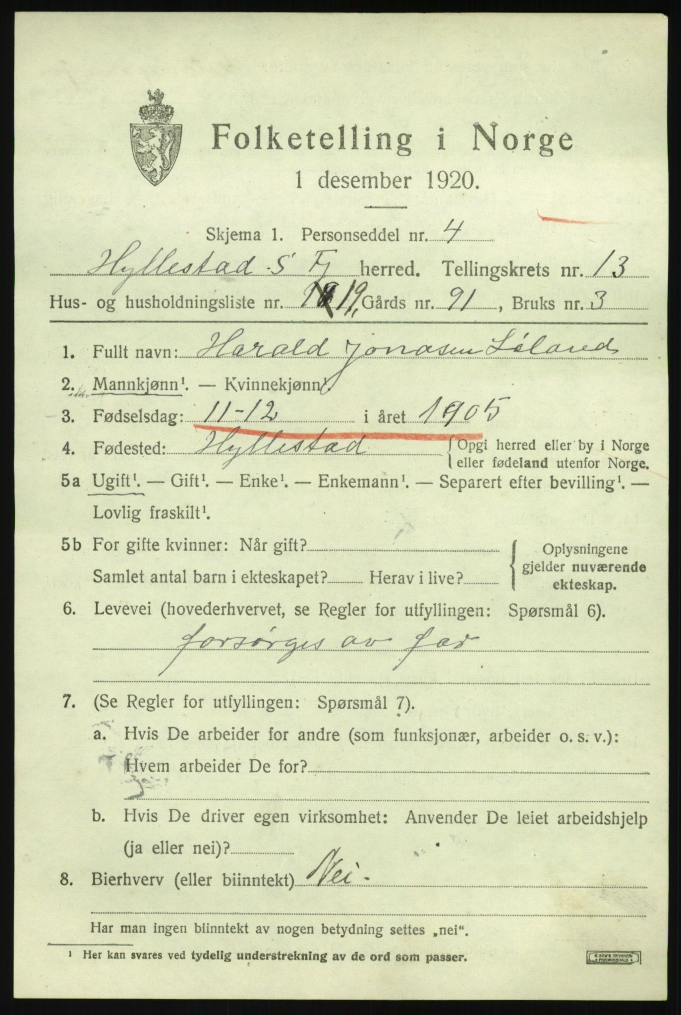 SAB, 1920 census for Hyllestad, 1920, p. 5084