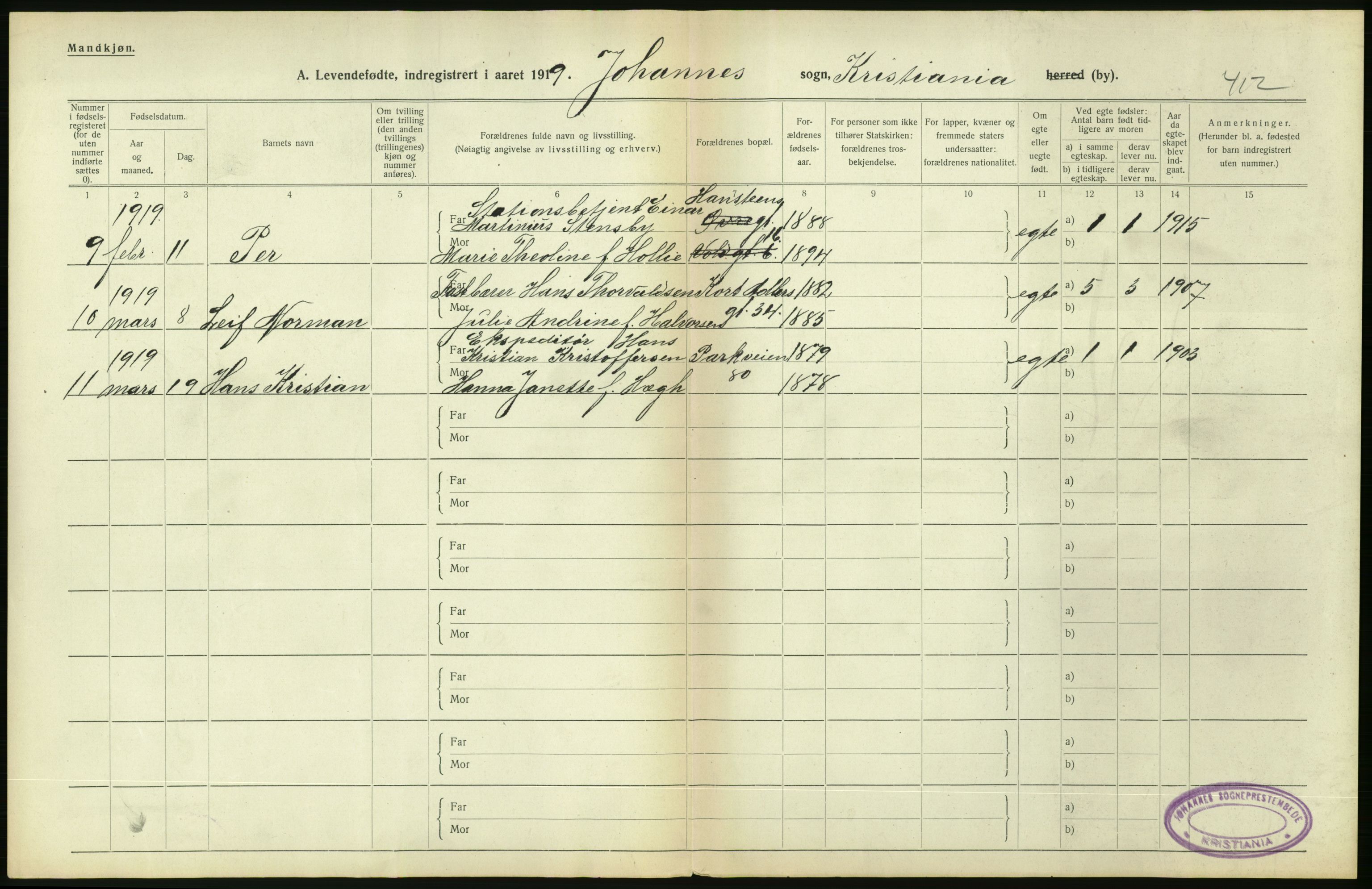 Statistisk sentralbyrå, Sosiodemografiske emner, Befolkning, AV/RA-S-2228/D/Df/Dfb/Dfbi/L0007: Kristiania: Levendefødte menn og kvinner., 1919, p. 278