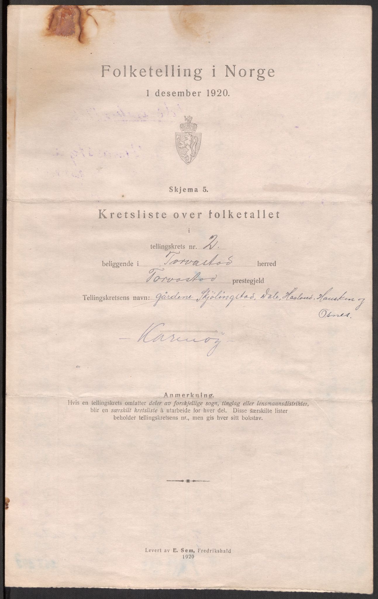 SAST, 1920 census for Torvastad, 1920, p. 12