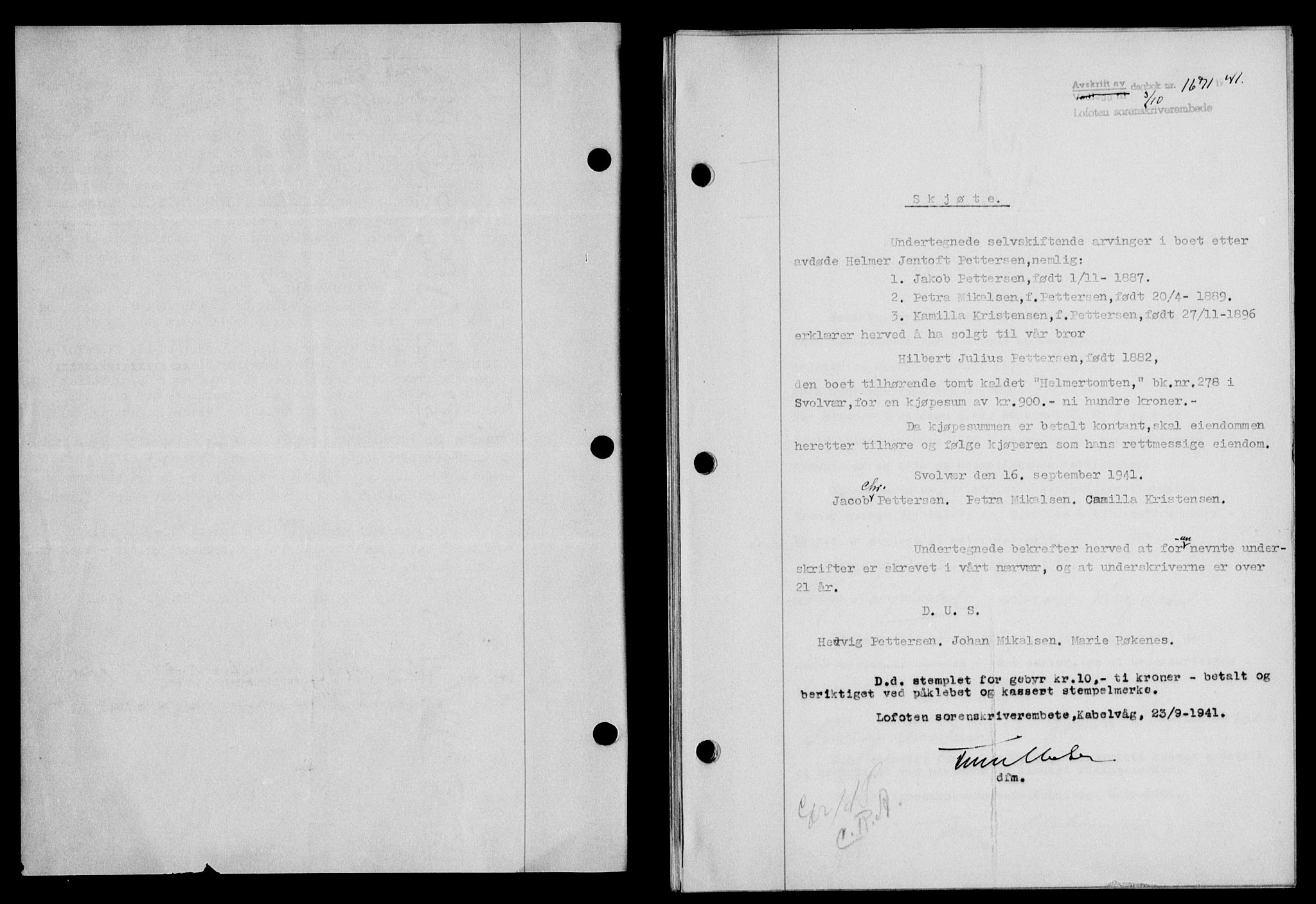 Lofoten sorenskriveri, SAT/A-0017/1/2/2C/L0009a: Mortgage book no. 9a, 1941-1942, Diary no: : 1671/1941