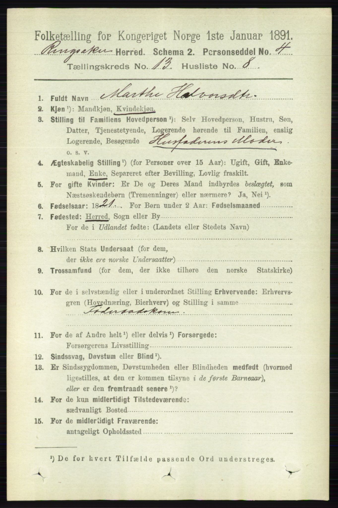 RA, 1891 census for 0412 Ringsaker, 1891, p. 7250