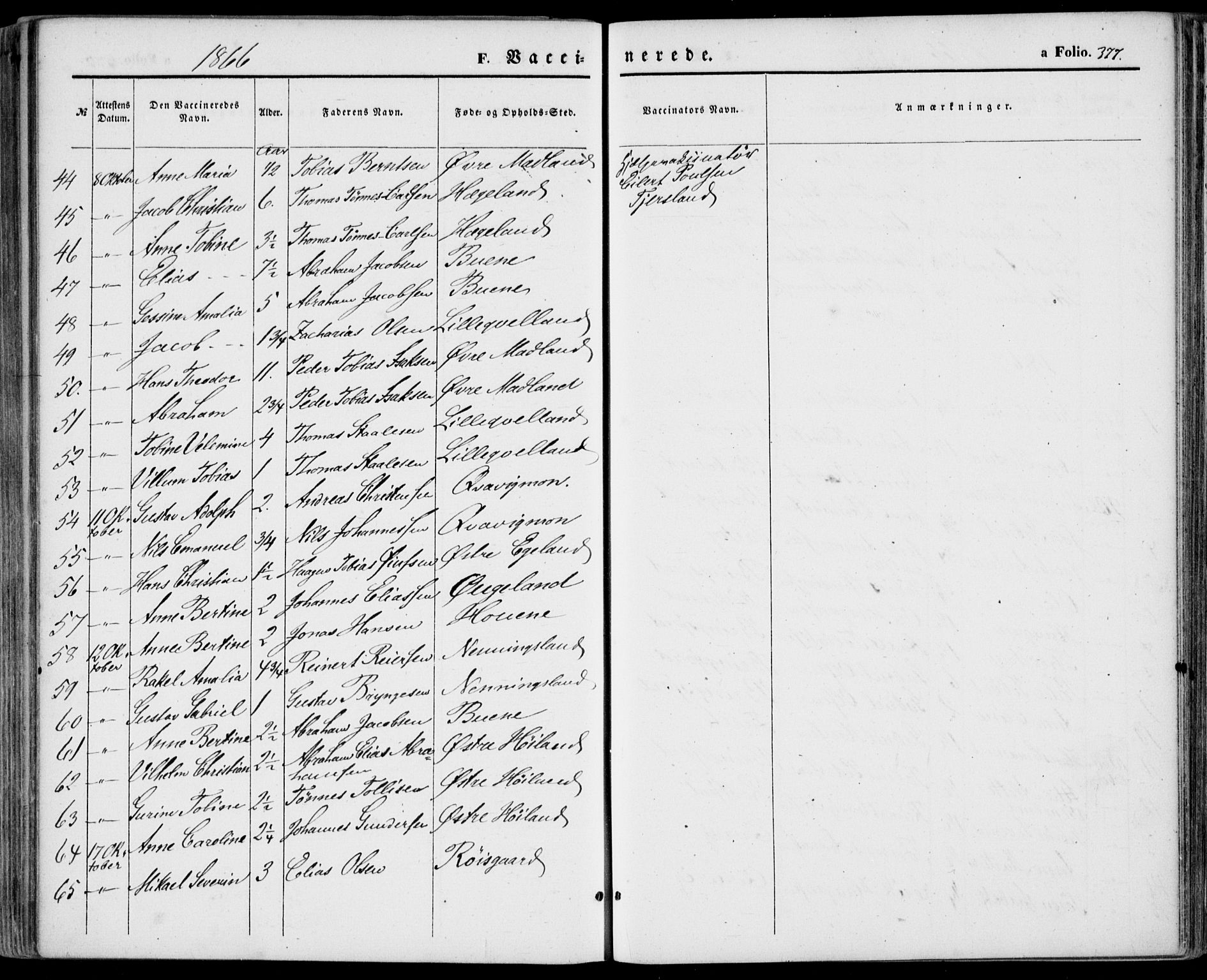 Lyngdal sokneprestkontor, SAK/1111-0029/F/Fa/Fac/L0010: Parish register (official) no. A 10, 1865-1878, p. 377