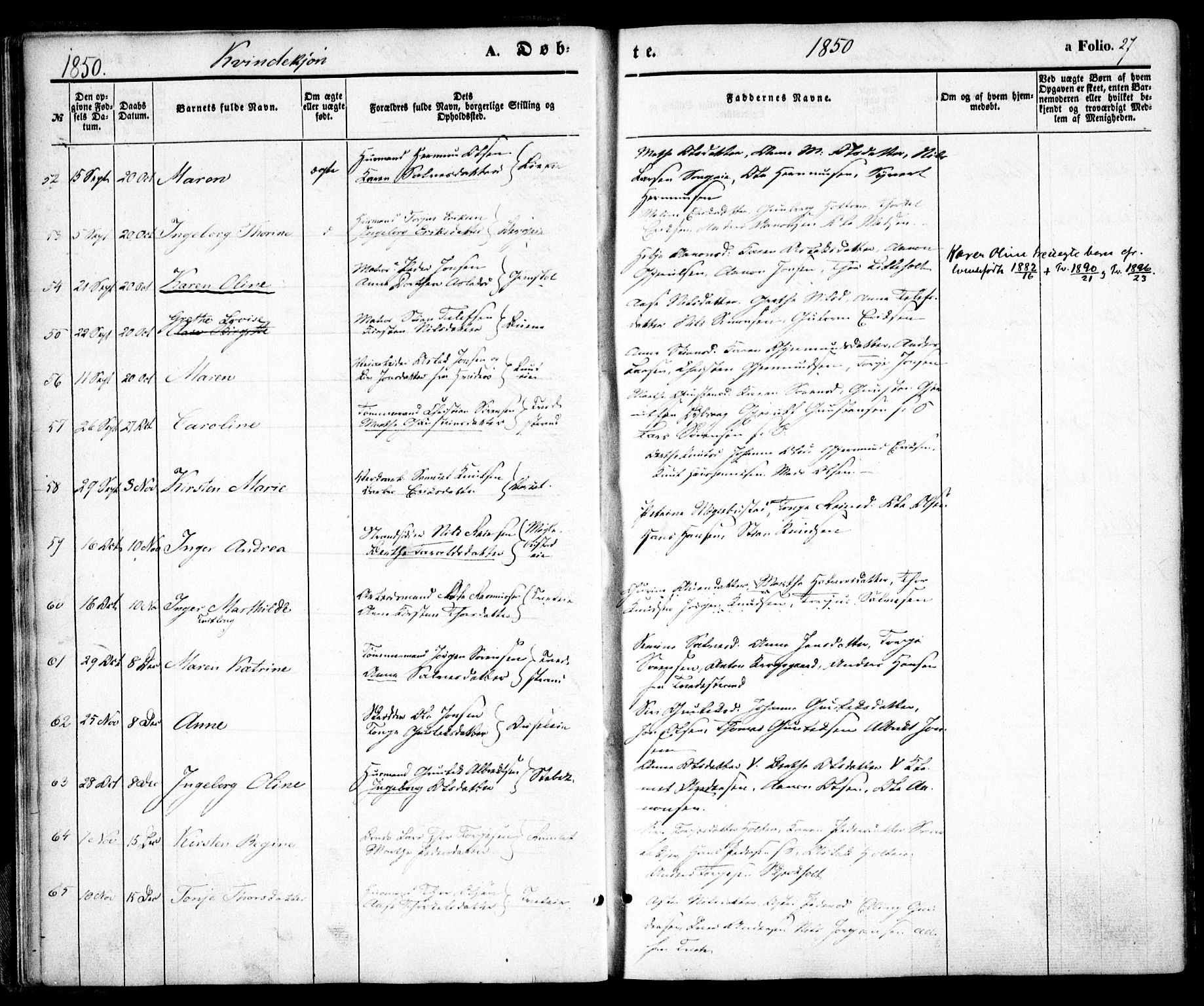Holt sokneprestkontor, SAK/1111-0021/F/Fa/L0008: Parish register (official) no. A 8, 1849-1860, p. 27