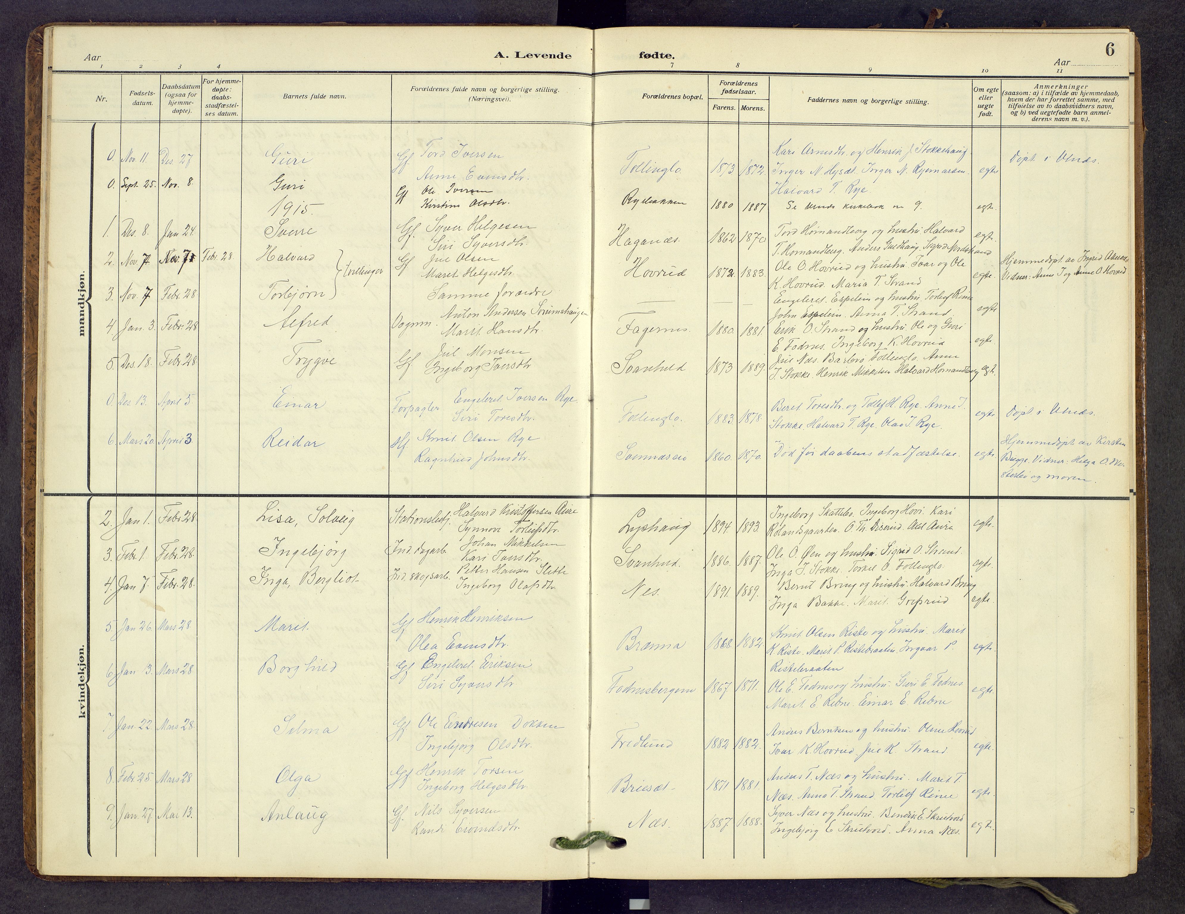 Nord-Aurdal prestekontor, AV/SAH-PREST-132/H/Ha/Hab/L0013: Parish register (copy) no. 13, 1911-1948, p. 6