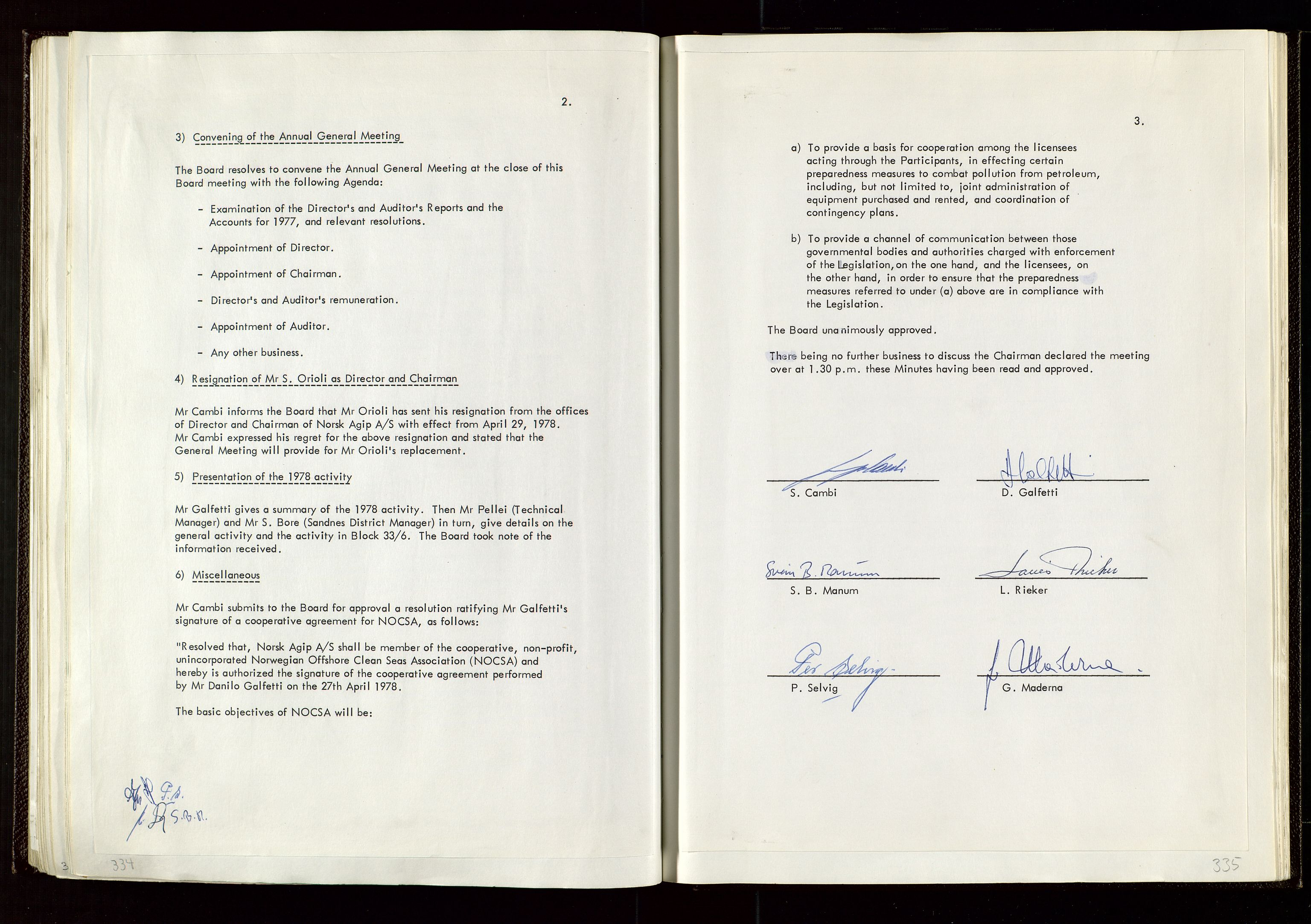 Pa 1583 - Norsk Agip AS, AV/SAST-A-102138/A/Aa/L0002: General assembly and Board of Directors meeting minutes, 1972-1979, p. 334-335