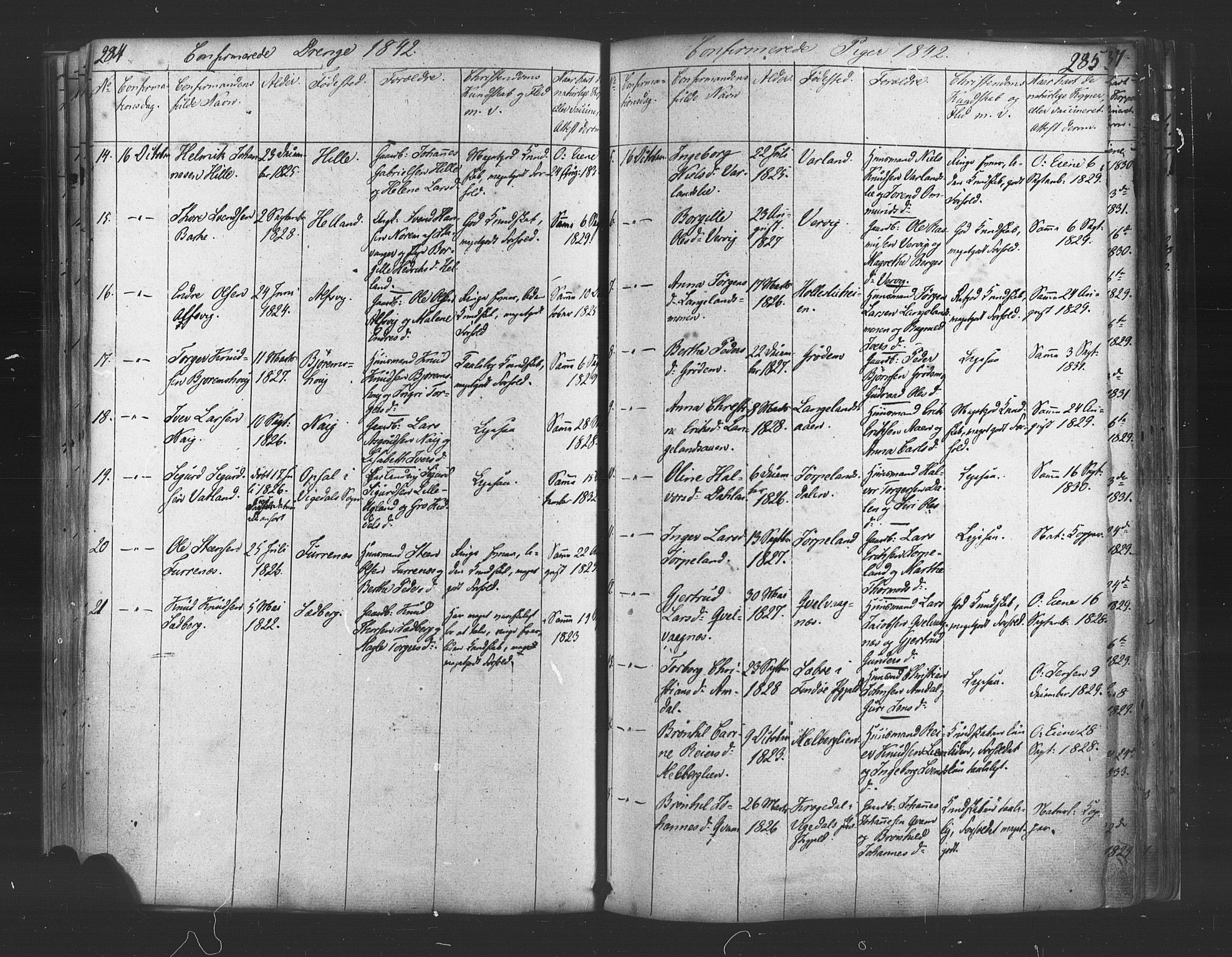 Strand sokneprestkontor, SAST/A-101828/H/Ha/Haa/L0006: Parish register (official) no. A 6, 1834-1854, p. 284-285