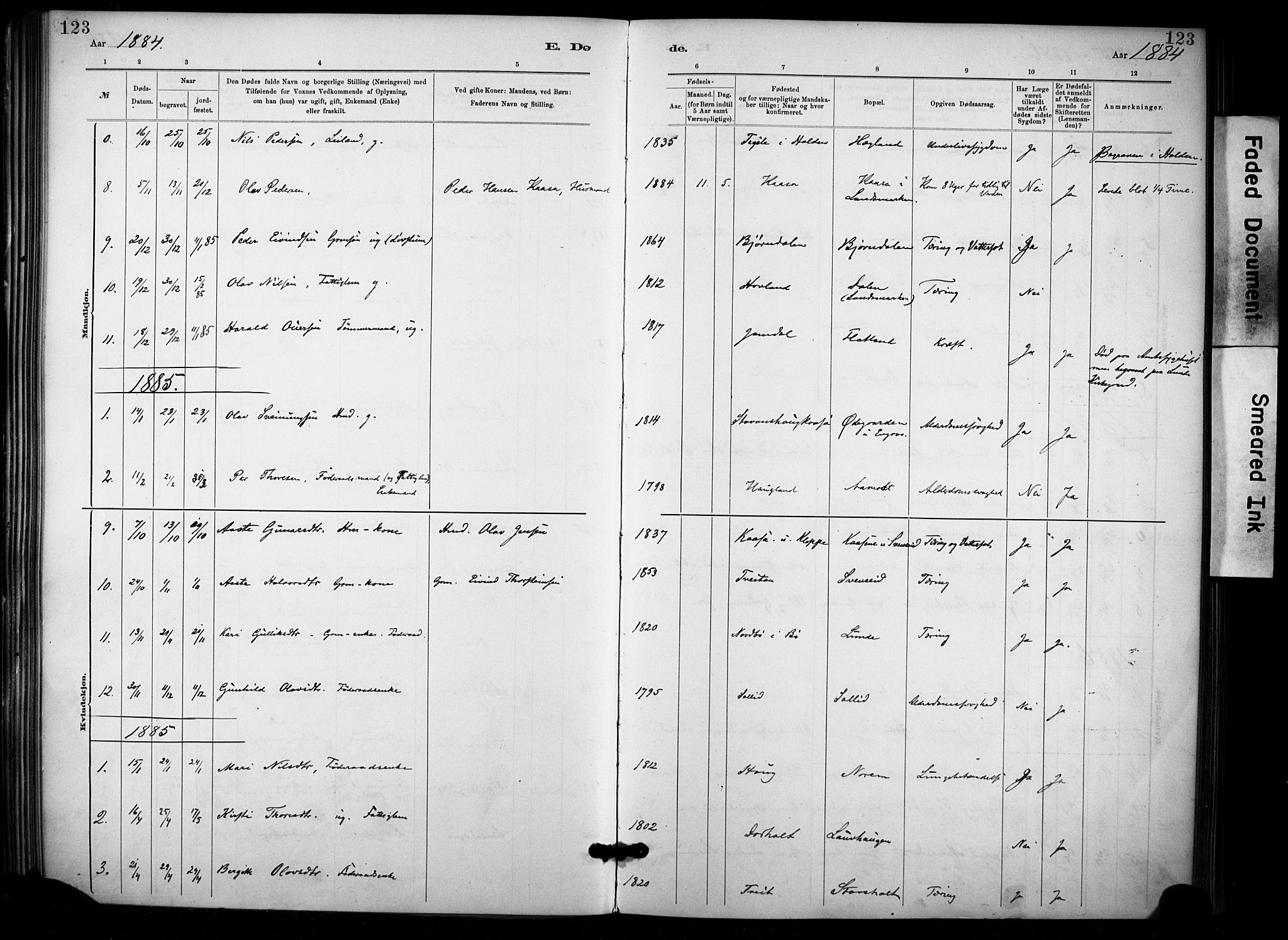 Lunde kirkebøker, AV/SAKO-A-282/F/Fa/L0002: Parish register (official) no. I 2, 1884-1892, p. 123