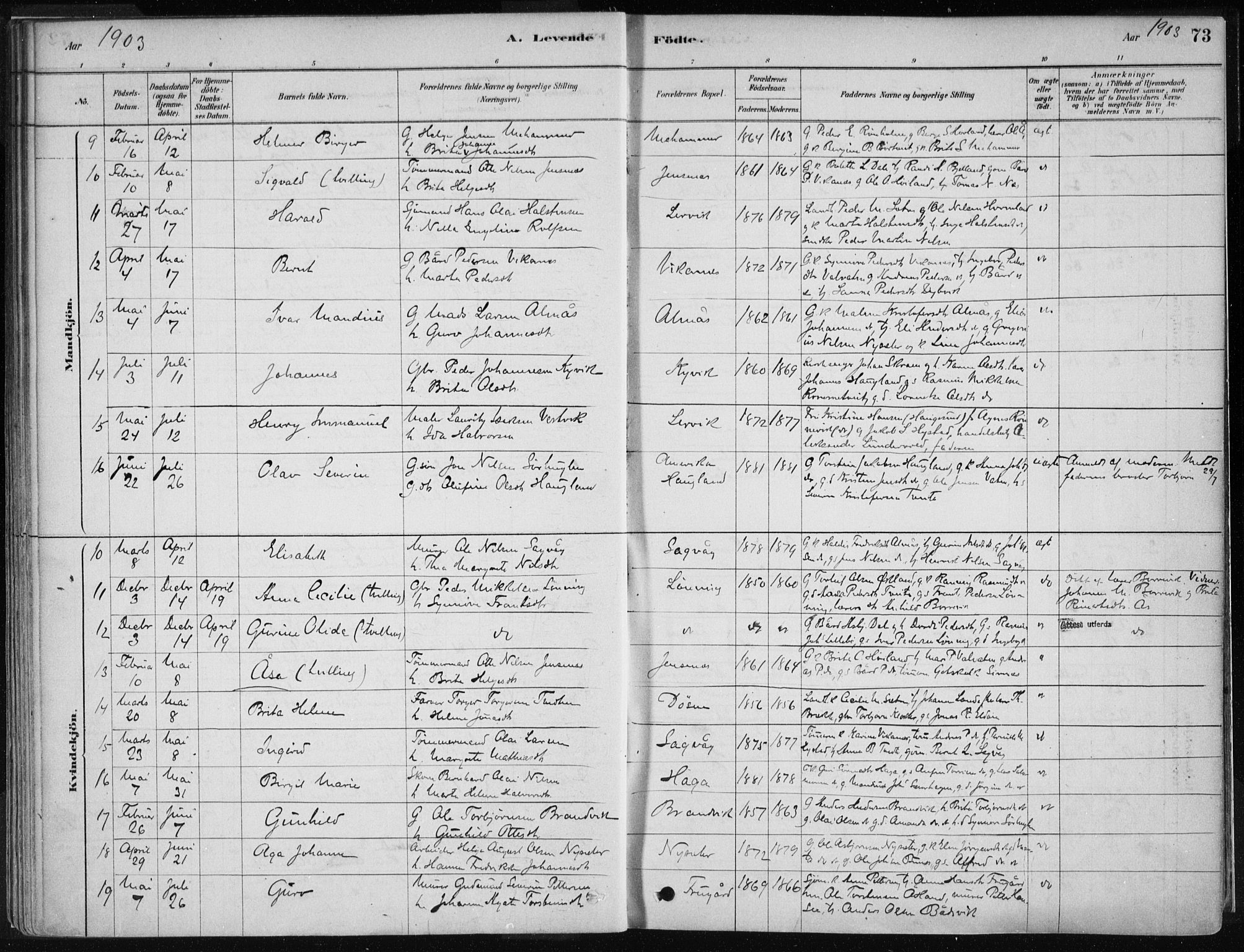 Stord sokneprestembete, AV/SAB-A-78201/H/Haa: Parish register (official) no. B 2, 1878-1913, p. 73