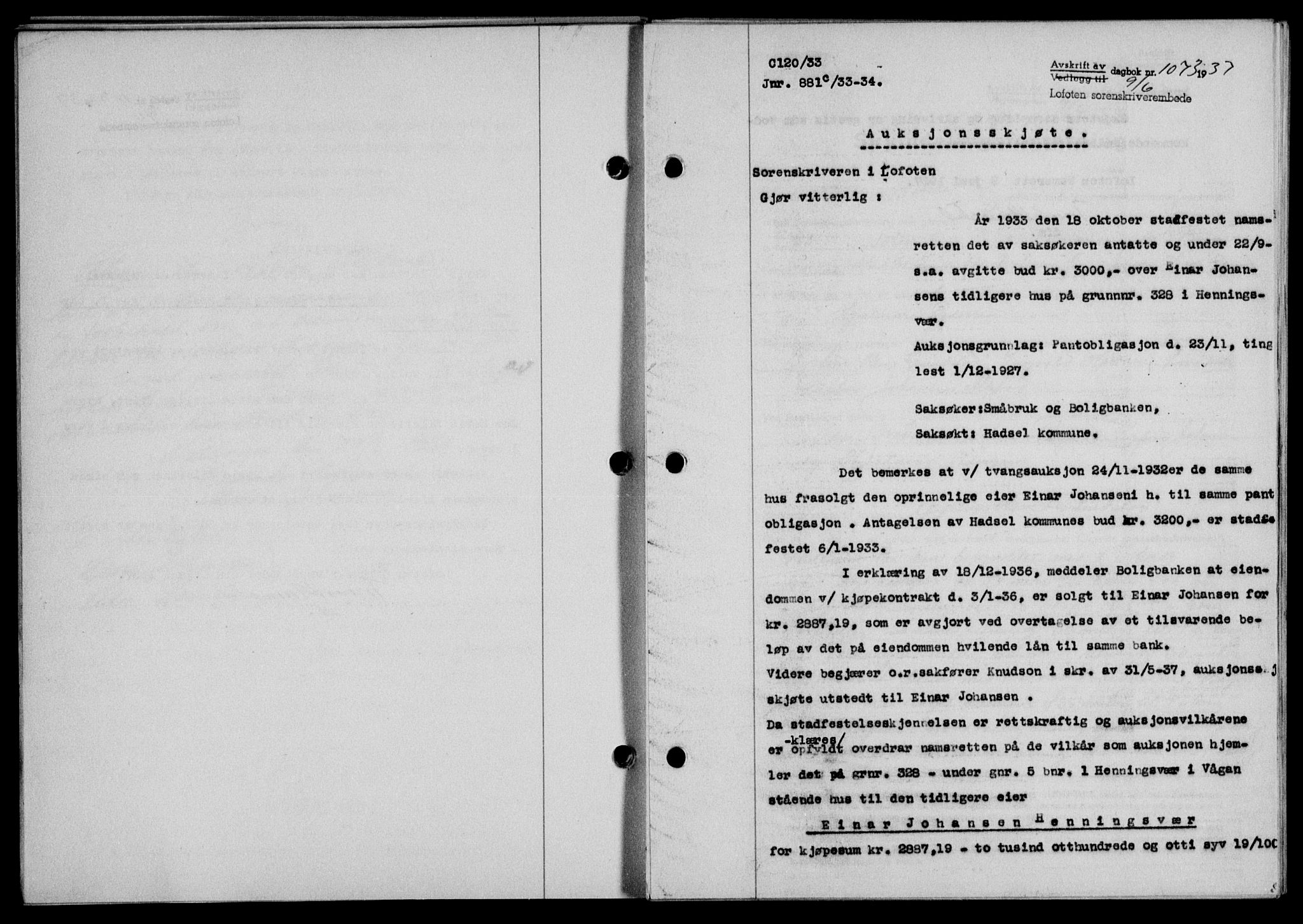 Lofoten sorenskriveri, SAT/A-0017/1/2/2C/L0002a: Mortgage book no. 2a, 1937-1937, Diary no: : 1073/1937