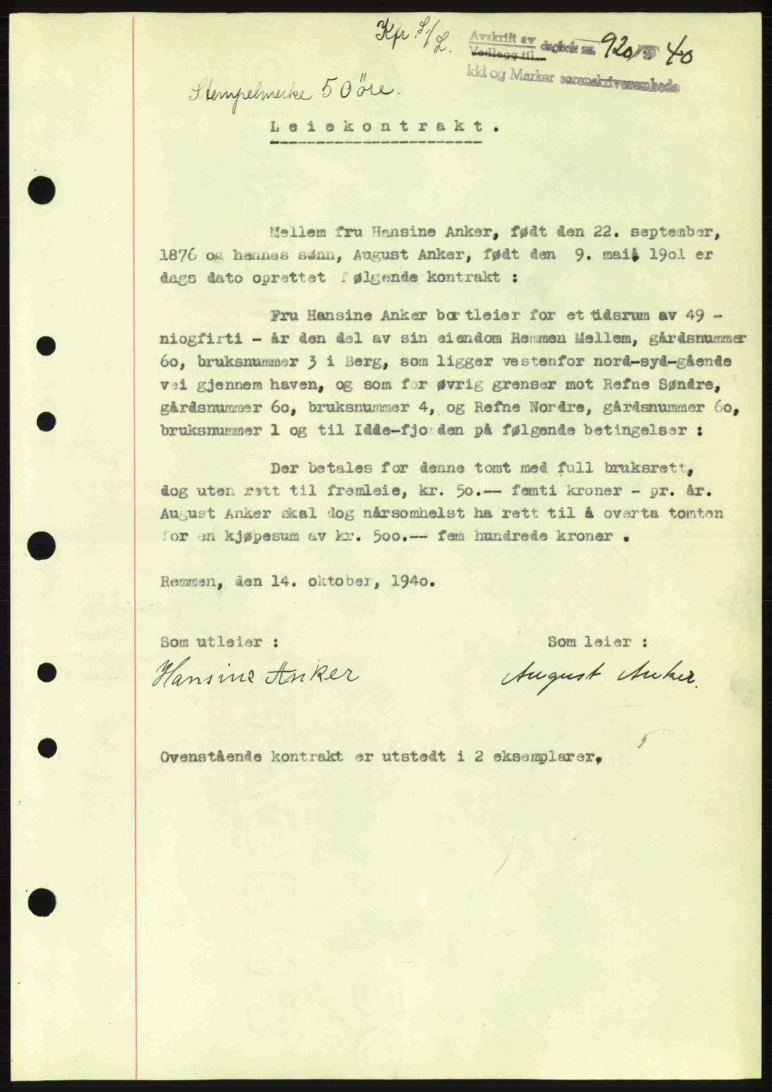 Idd og Marker sorenskriveri, AV/SAO-A-10283/G/Gb/Gbb/L0004: Mortgage book no. A4, 1940-1941, Diary no: : 920/1940