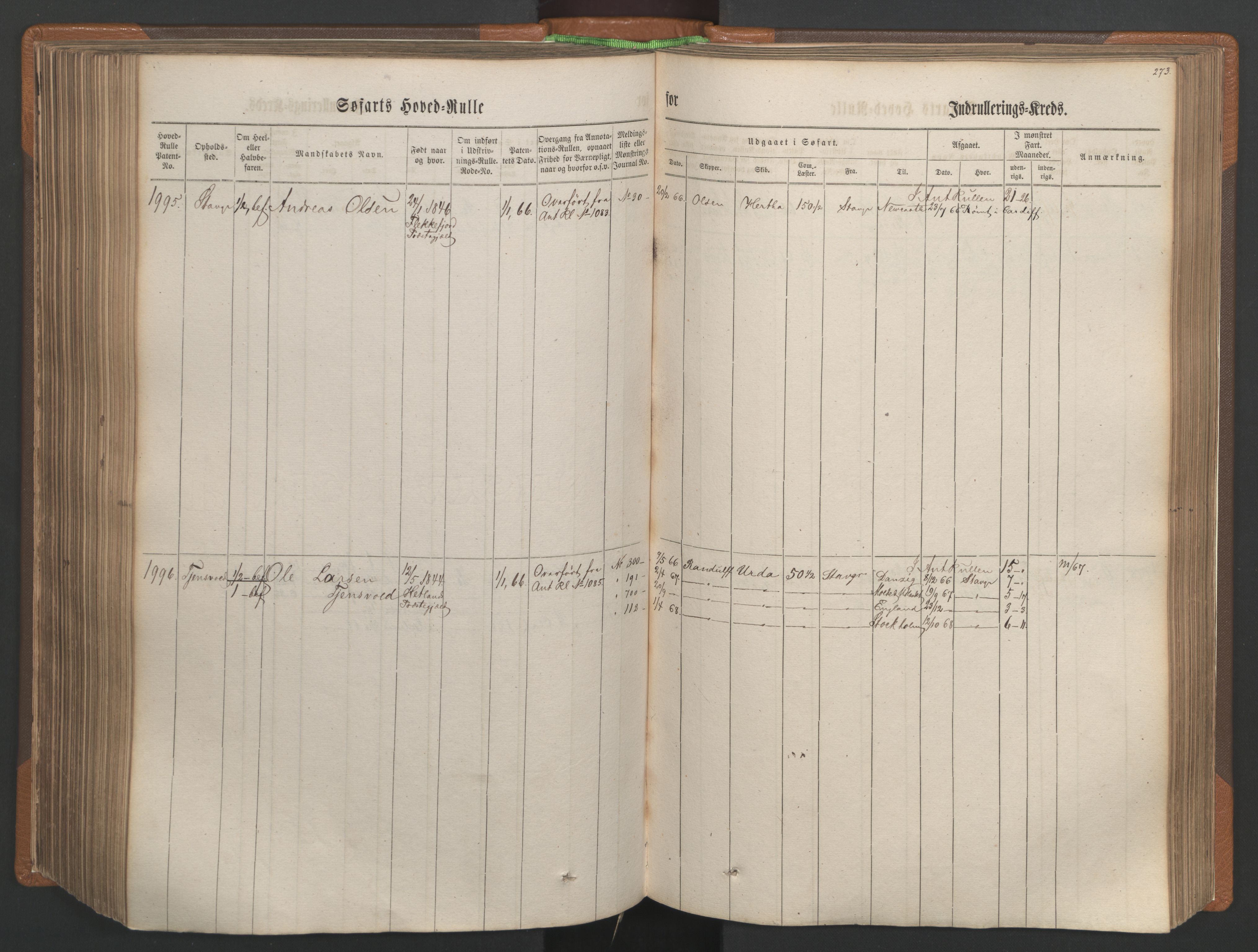 Stavanger sjømannskontor, AV/SAST-A-102006/F/Fb/Fbb/L0003: Sjøfartshovedrulle, patentnr. 1451-2270, 1863, p. 289