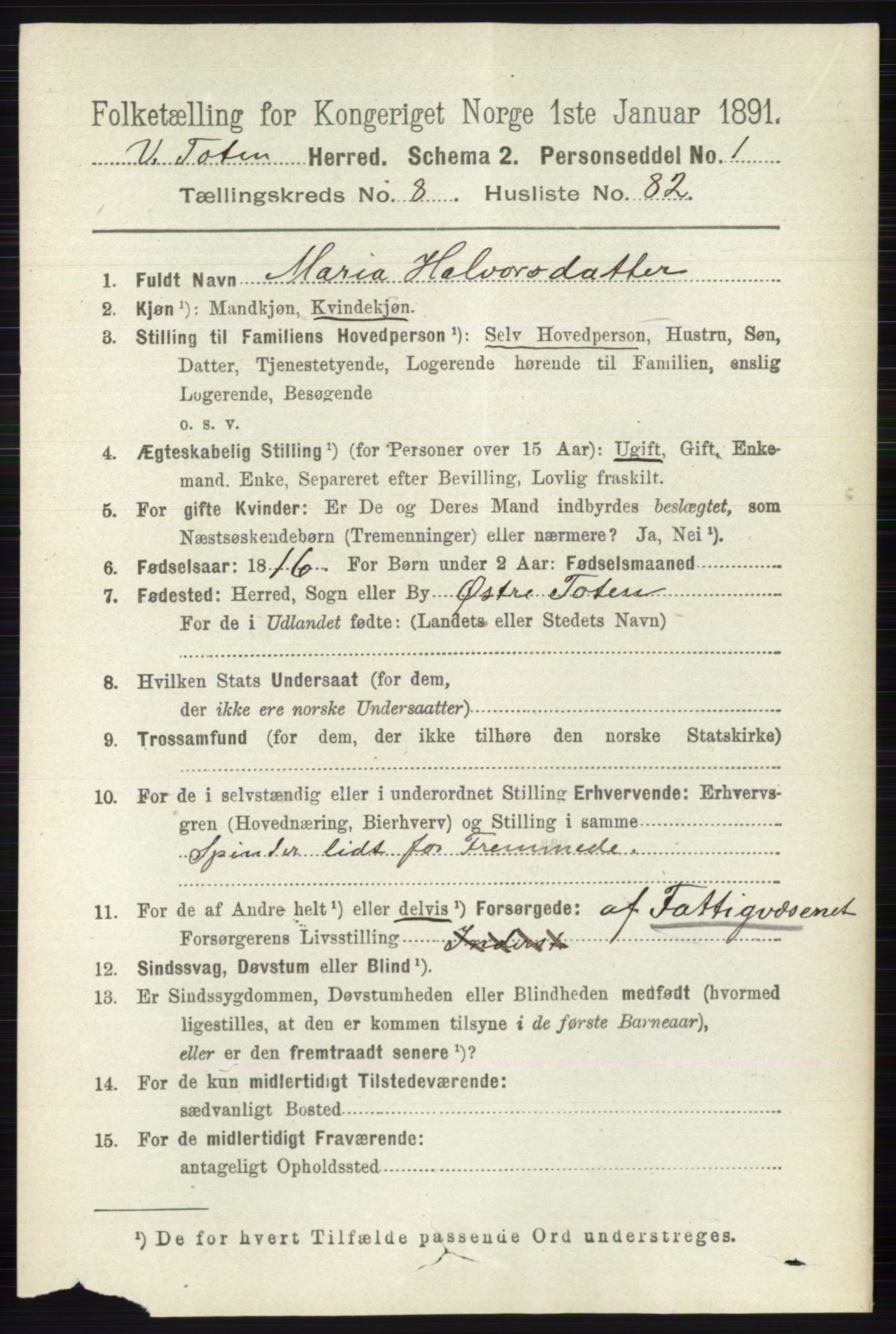 RA, 1891 census for 0529 Vestre Toten, 1891, p. 5448
