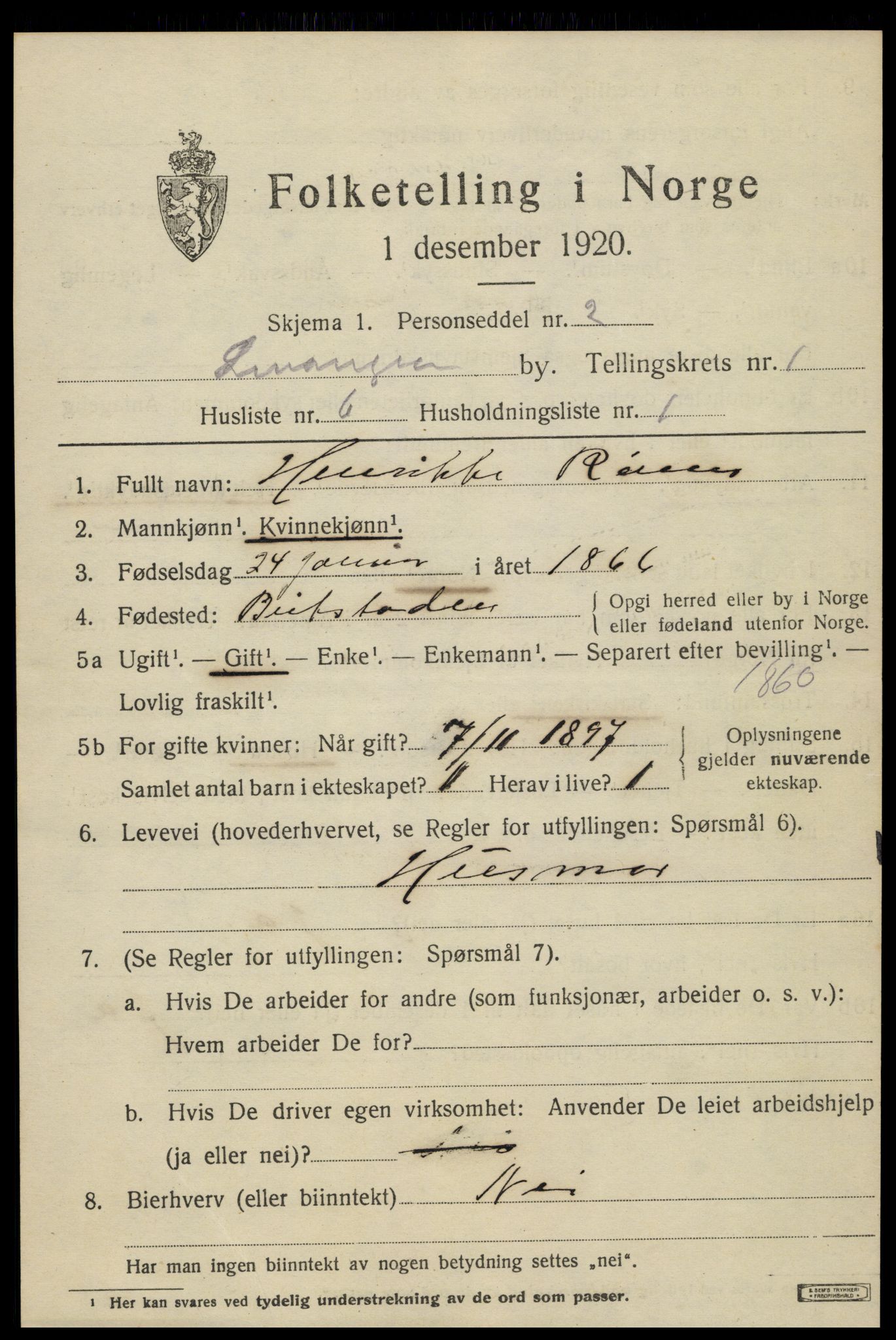 SAT, 1920 census for Levanger town, 1920, p. 1276