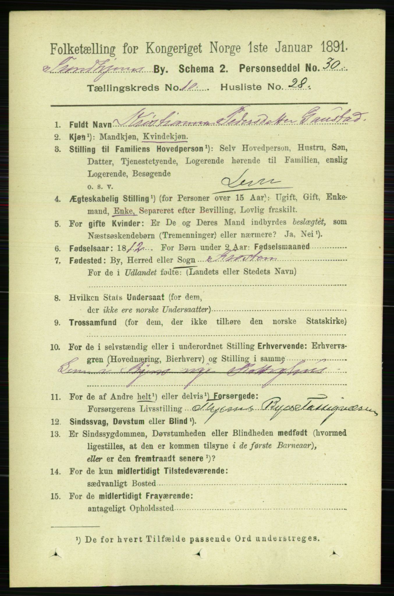 RA, 1891 census for 1601 Trondheim, 1891, p. 9175