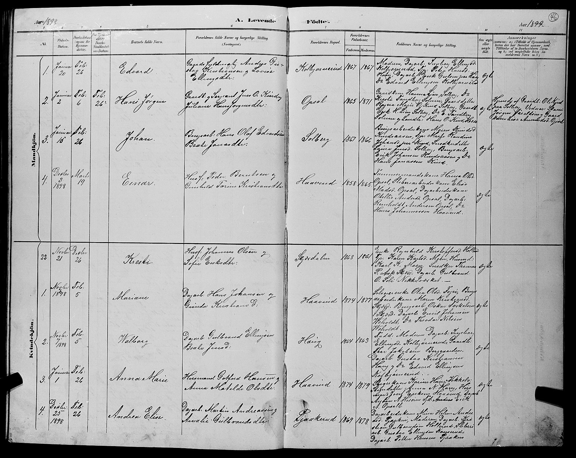 Hole kirkebøker, AV/SAKO-A-228/G/Gb/L0003: Parish register (copy) no. II 3, 1890-1901, p. 46