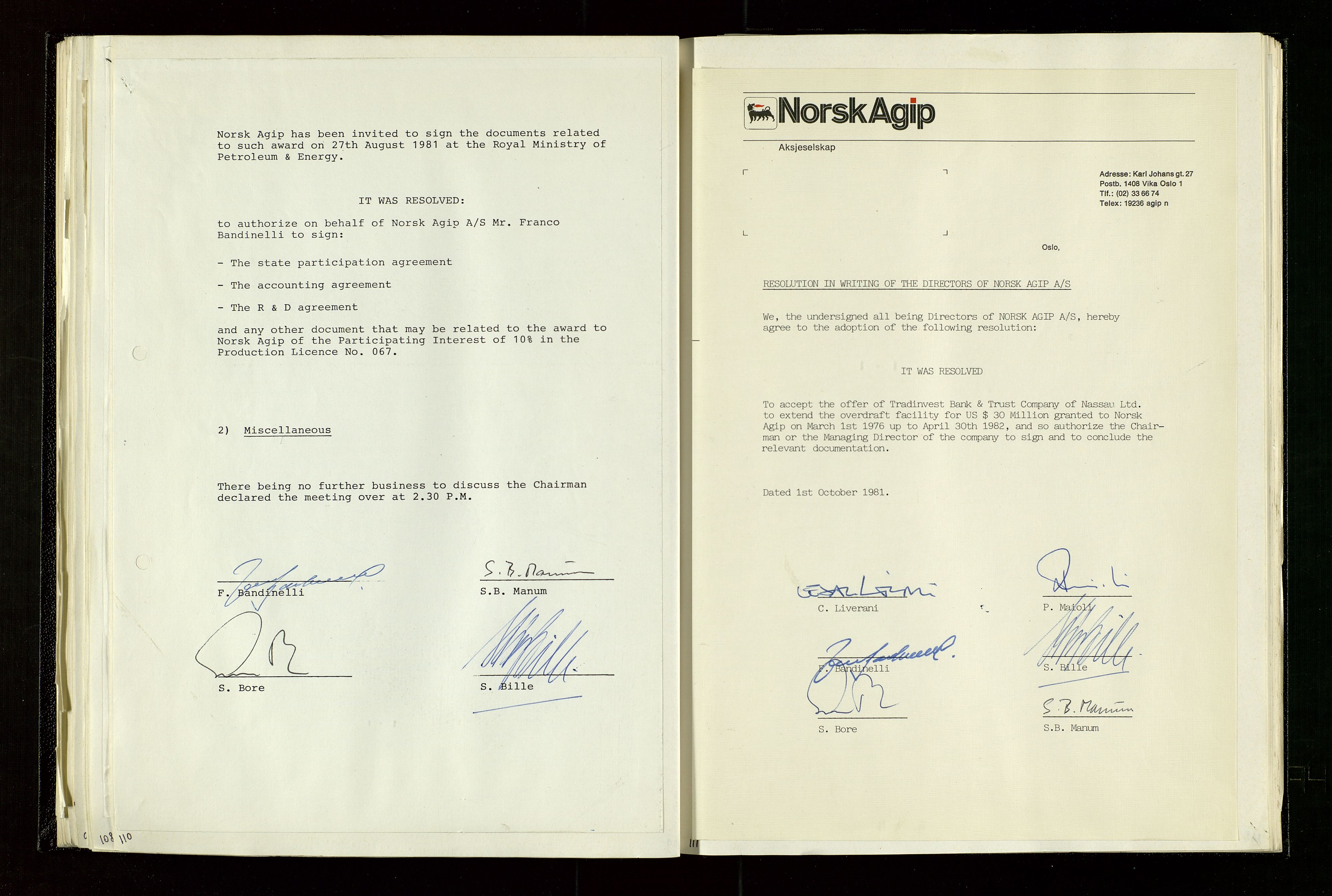 Pa 1583 - Norsk Agip AS, SAST/A-102138/A/Aa/L0003: Board of Directors meeting minutes, 1979-1983, p. 110-111