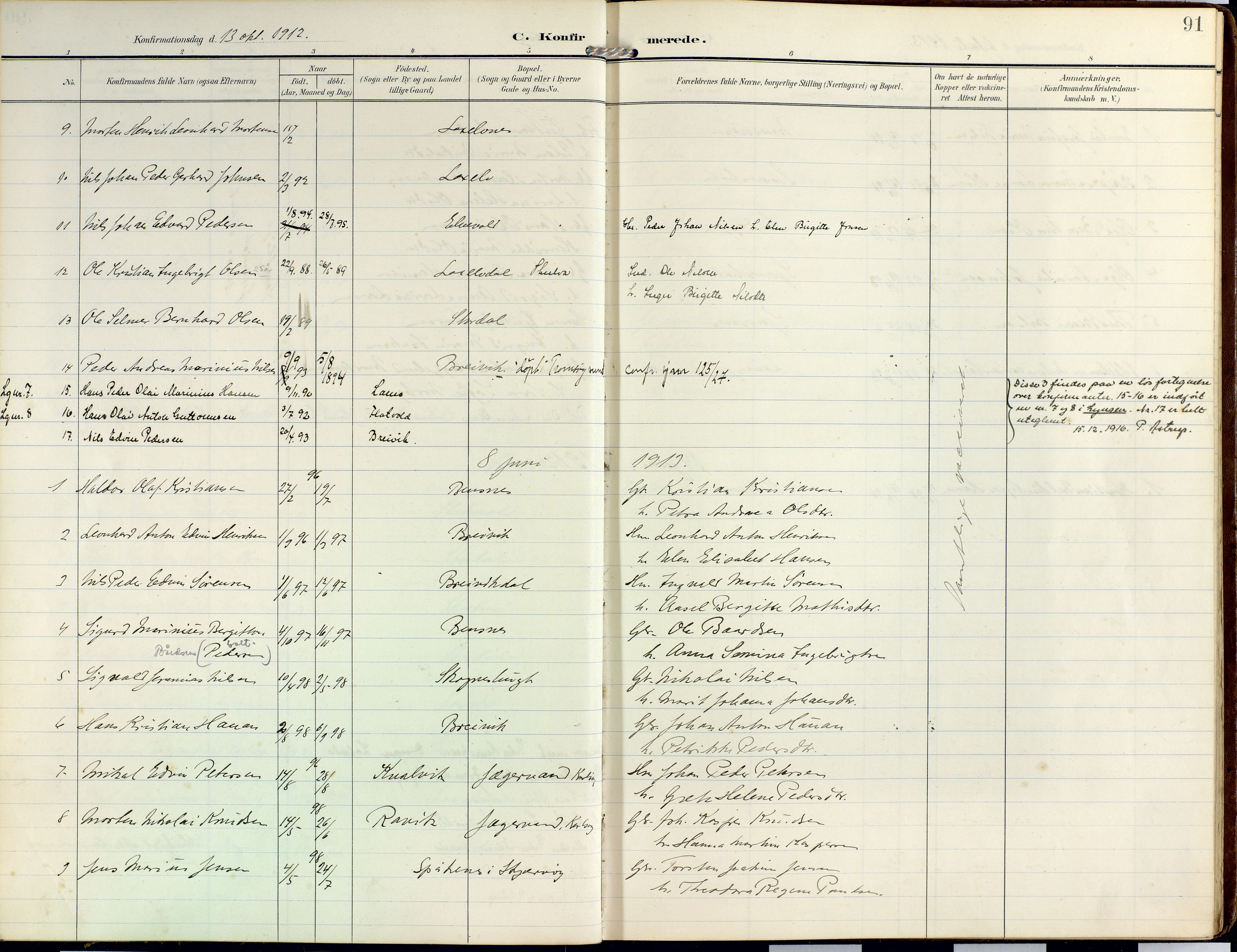 Lyngen sokneprestembete, SATØ/S-1289/H/He/Hea/L0014kirke: Parish register (official) no. 14, 1905-1920, p. 91
